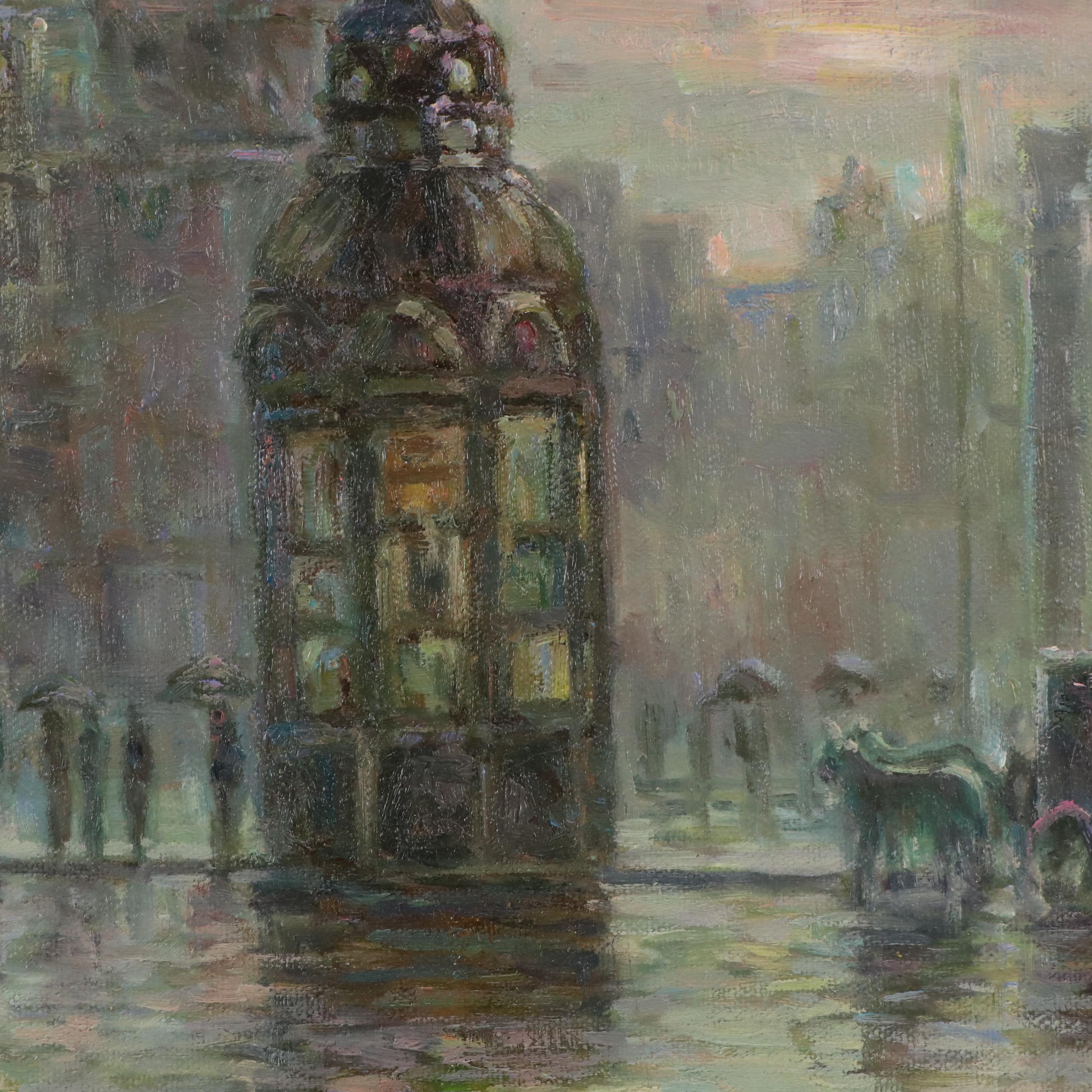 Cityscape Oil Painting of Newsstand on Rainy Cobblestone Street