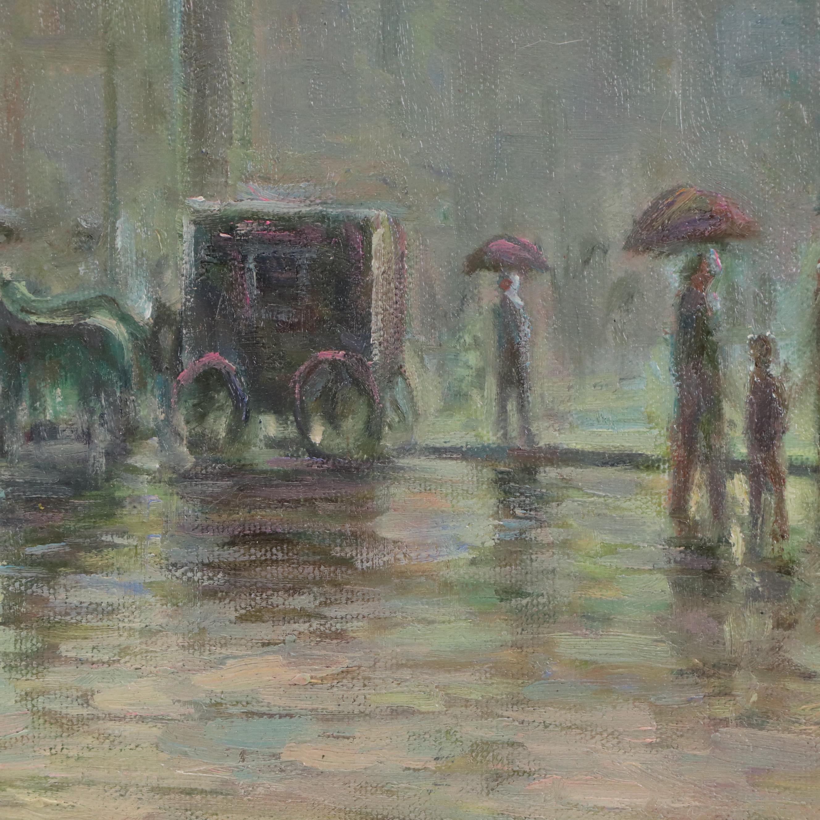 Cityscape Oil Painting of Newsstand on Rainy Cobblestone Street