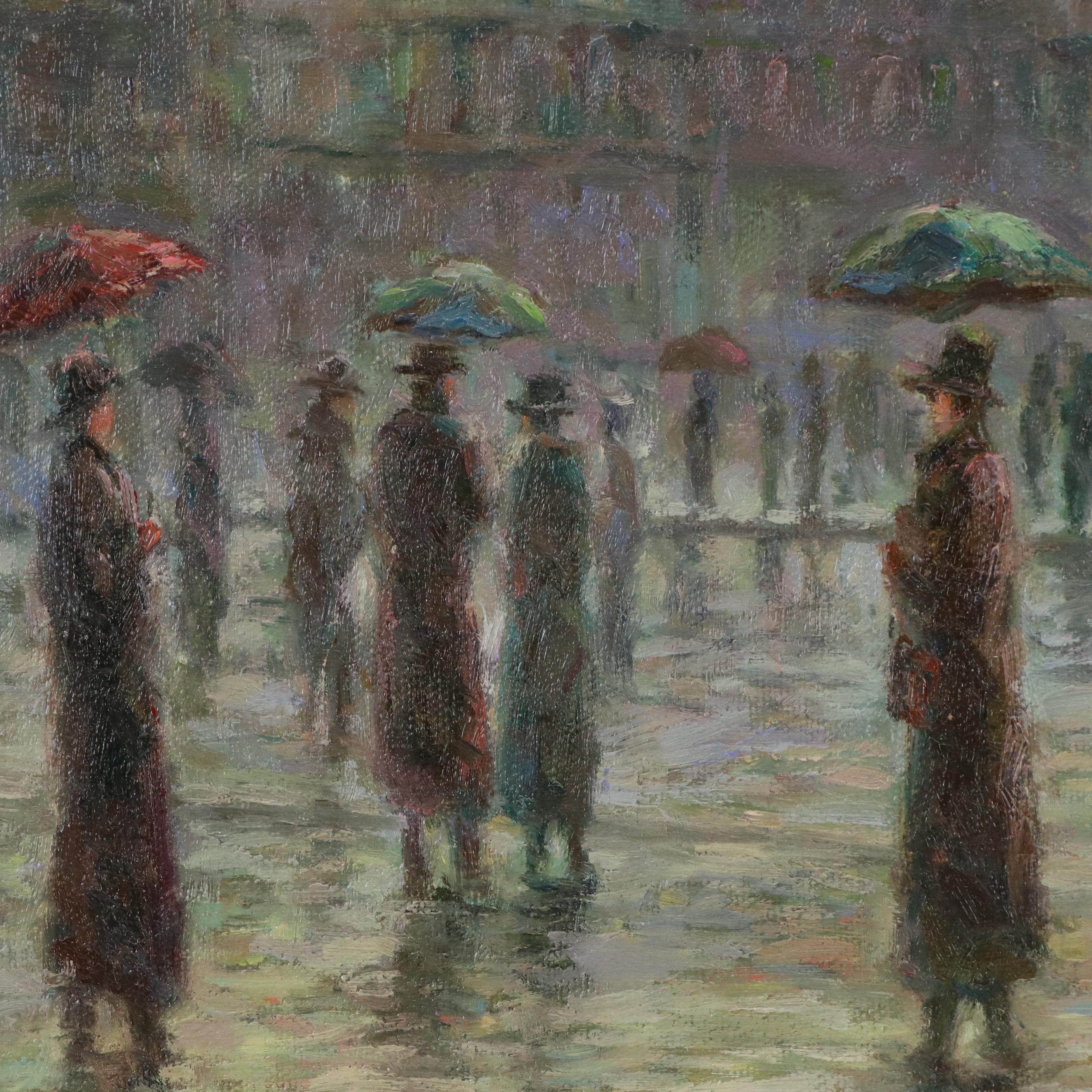 Cityscape Oil Painting of Newsstand on Rainy Cobblestone Street