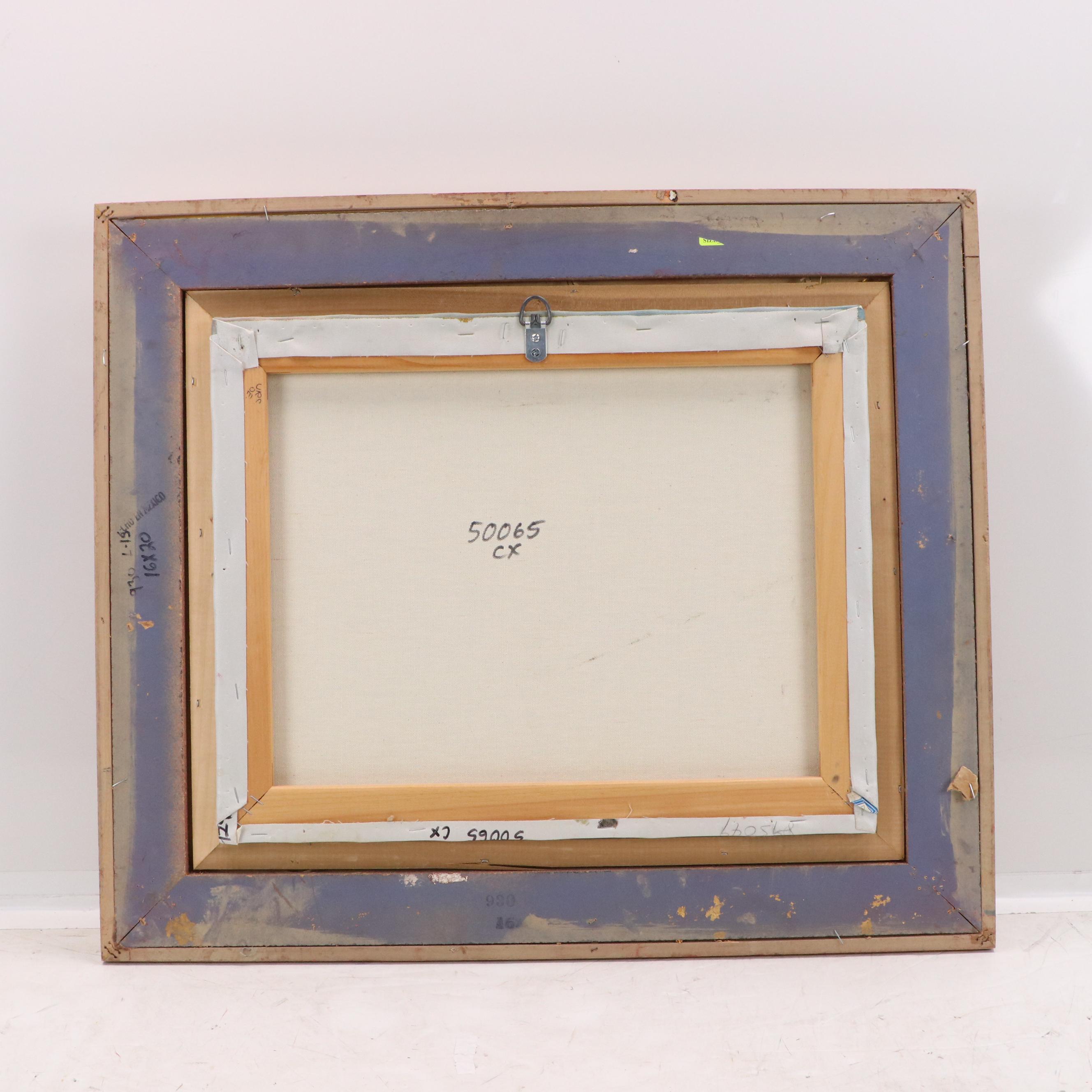 Cityscape Oil Painting of Newsstand on Rainy Cobblestone Street