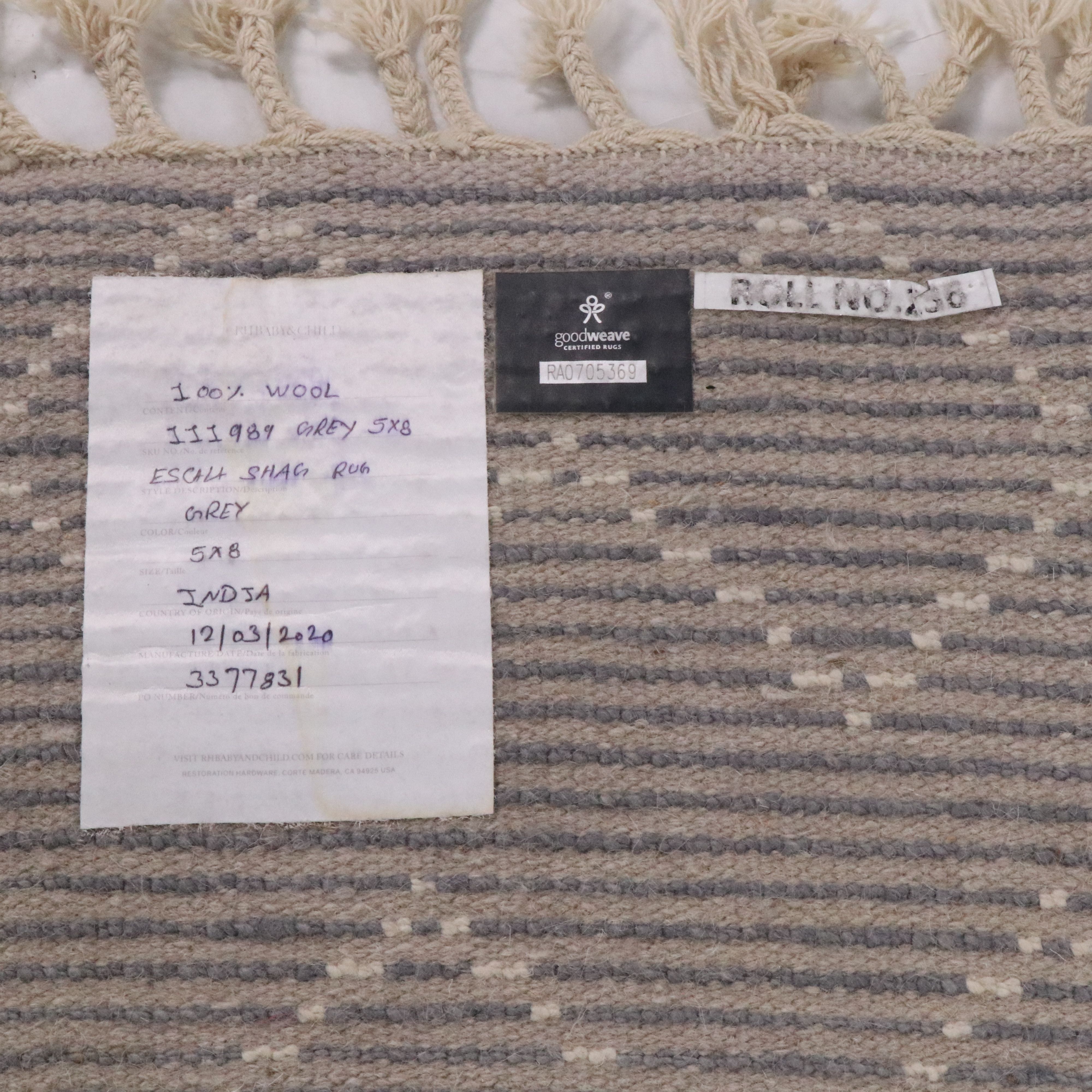 5'2 x 8'5 Hand-Knotted Restoration Hardware Baby & Child "Escala" Shag Area Rug