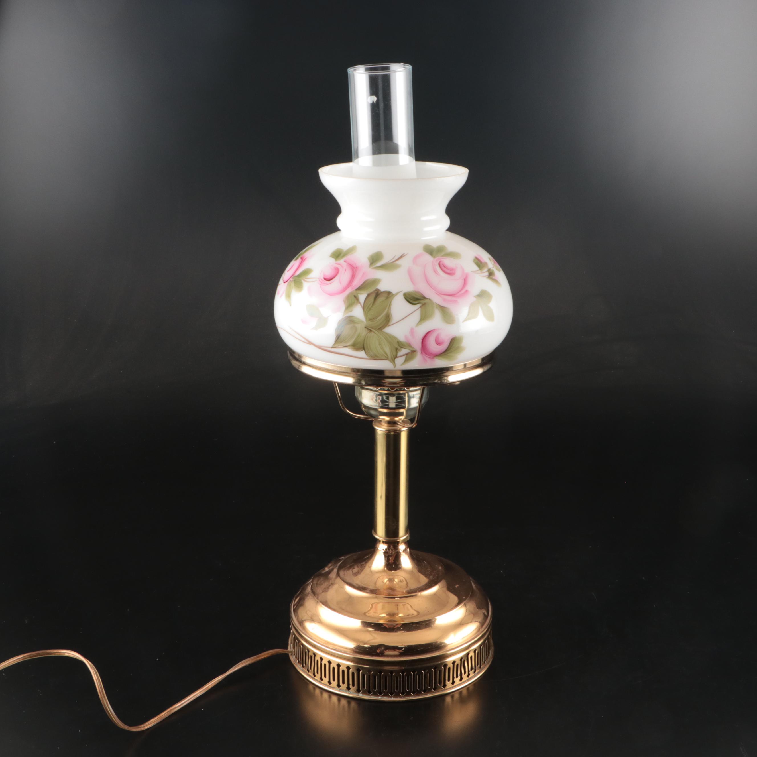 Hand-Painted Floral Milk Glass Table Lamps