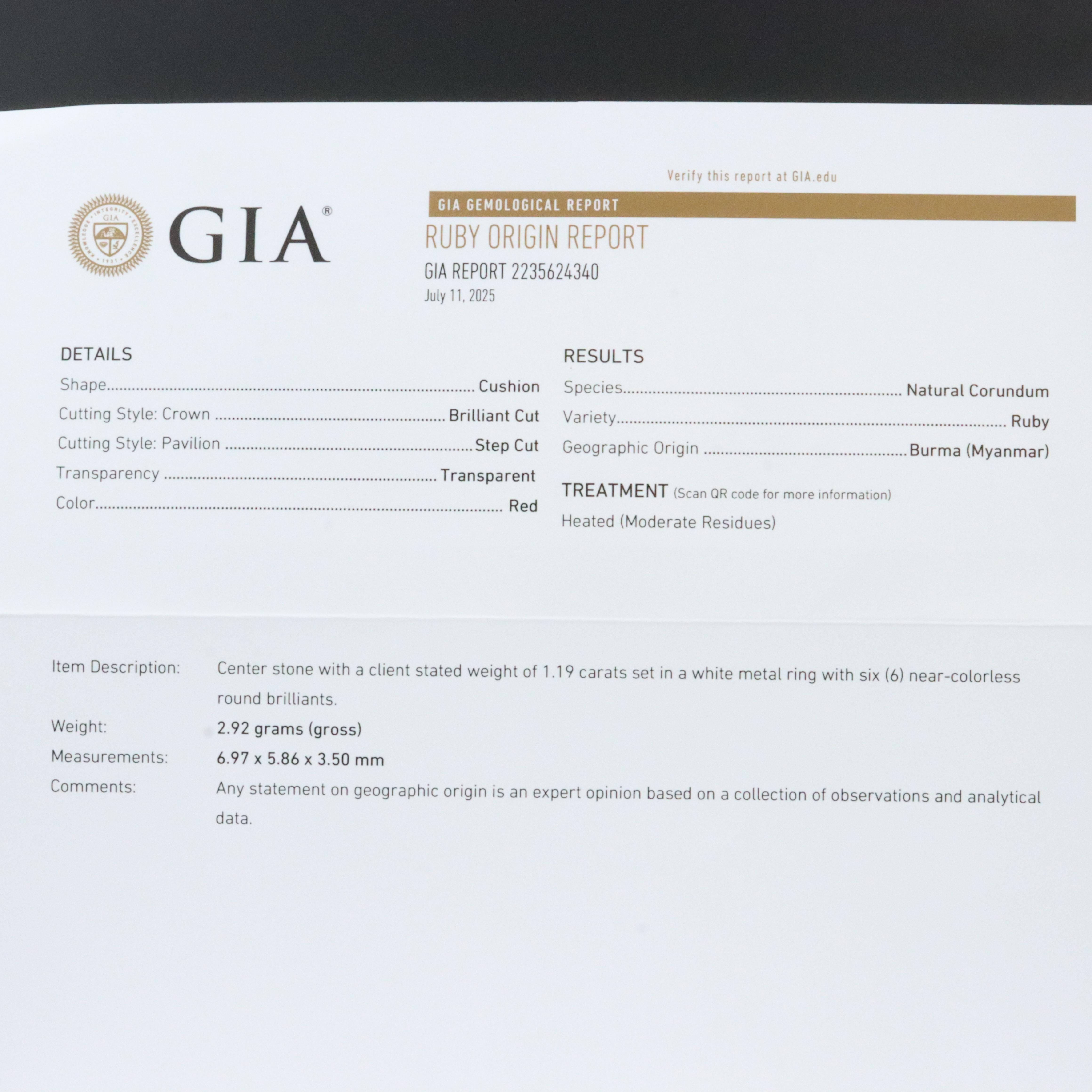 Platinum 1.19 CT Burmese Ruby and Diamond Ring with GIA Report