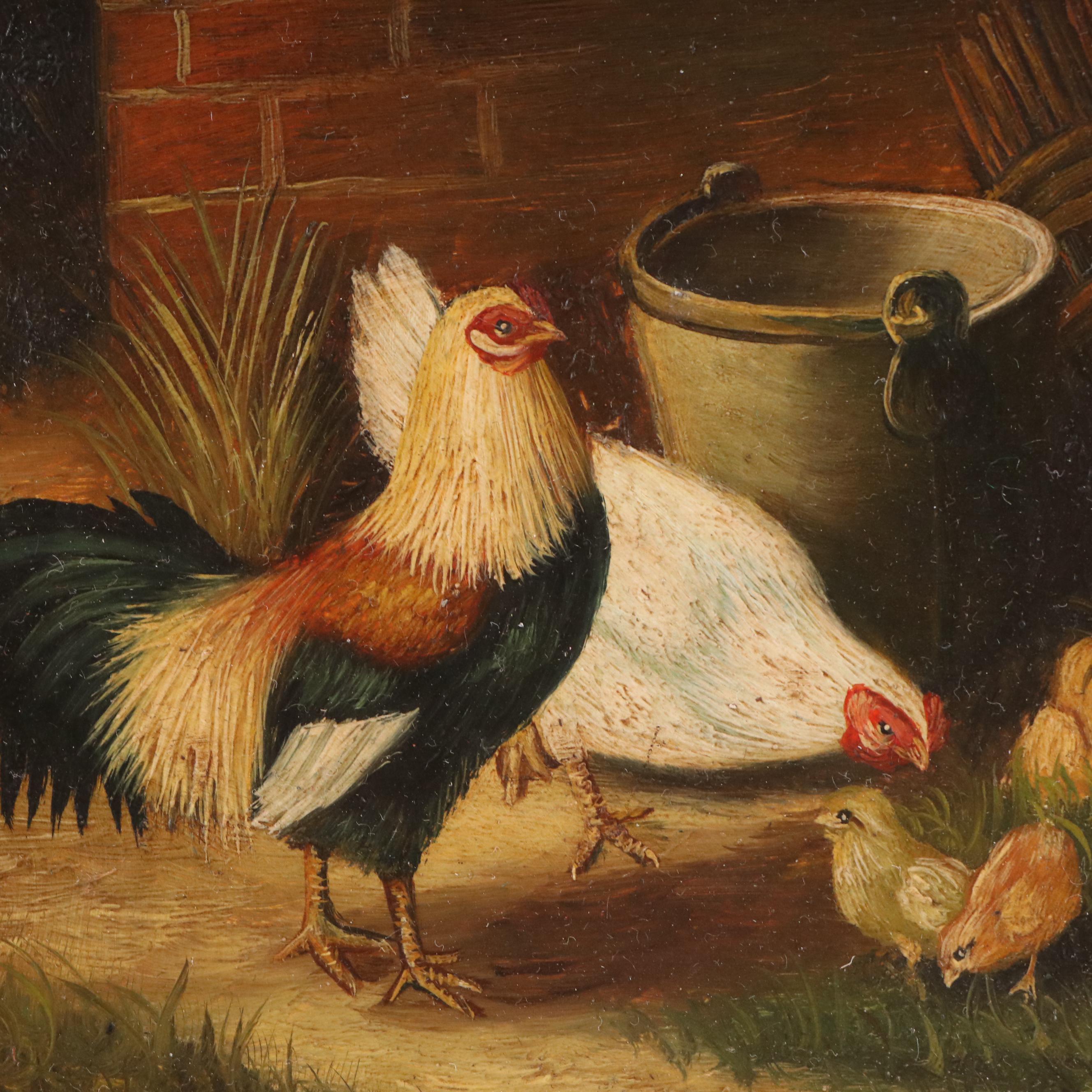 Miniature Oil Painting of Rooster, Hen, and Chicks