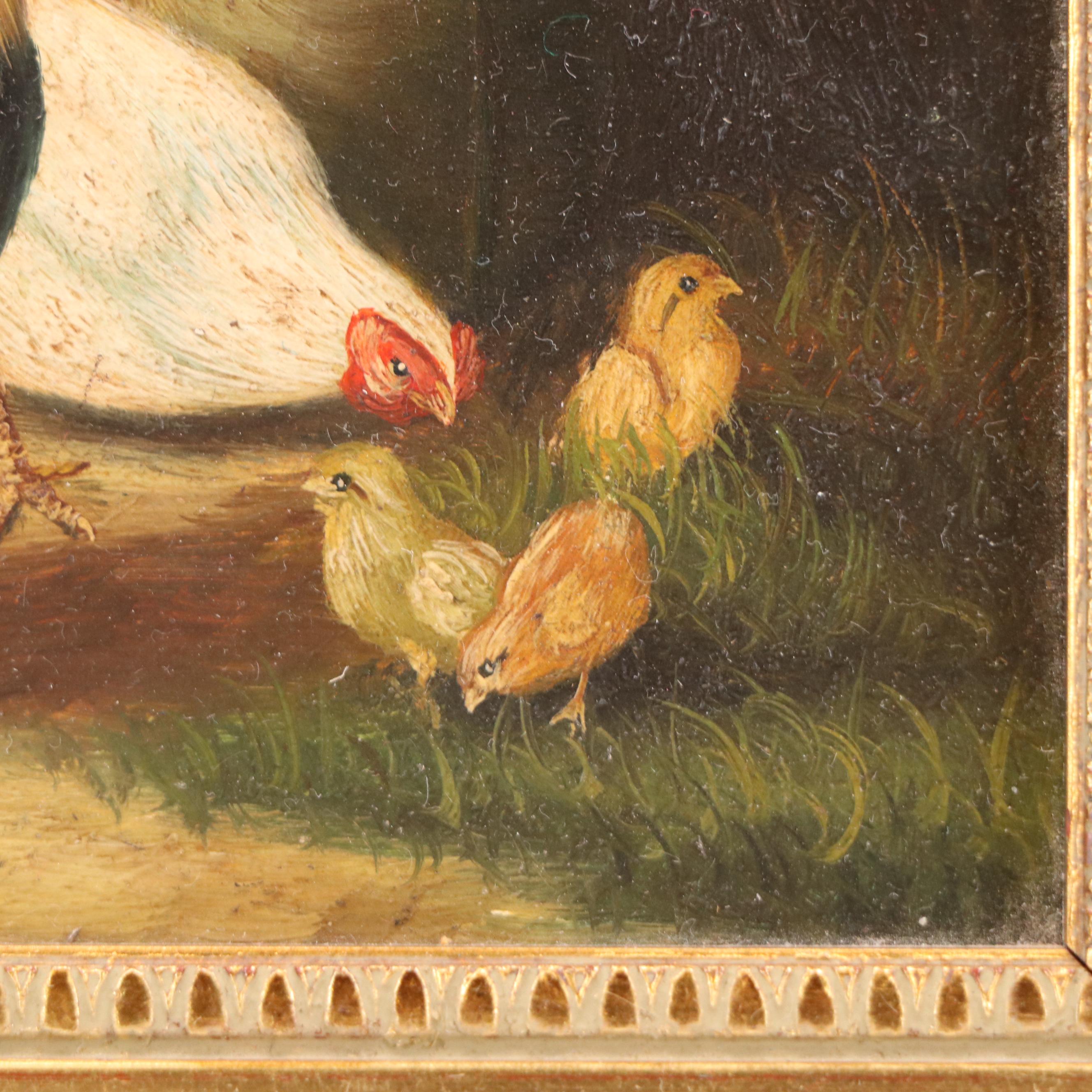 Miniature Oil Painting of Rooster, Hen, and Chicks