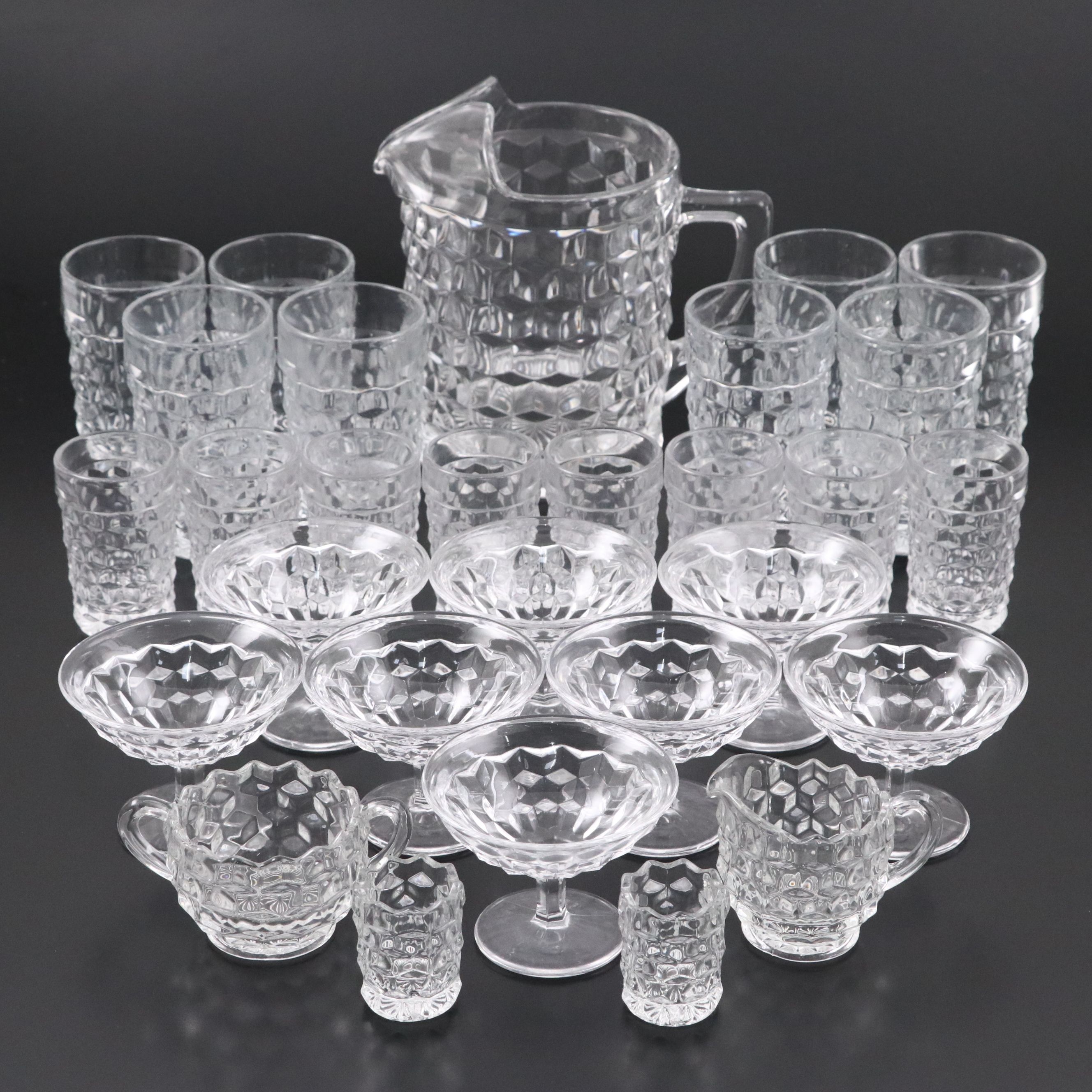 Fostoria "American" Crystal Pitcher, Iced Tea Glasses and Other Drinkware