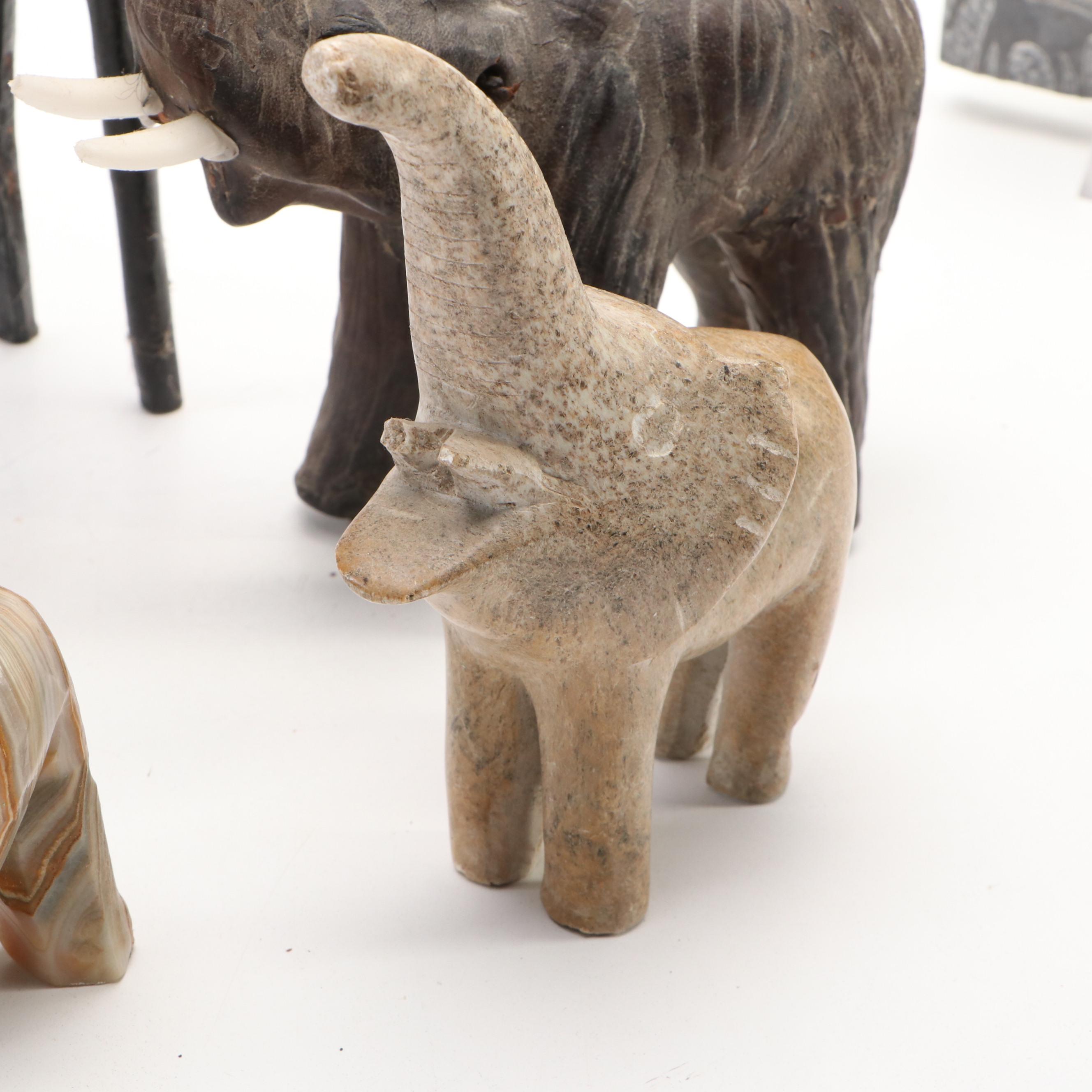 Carved Soapstone, Banded Calcite, Wood and Metal Elephants & Plaque