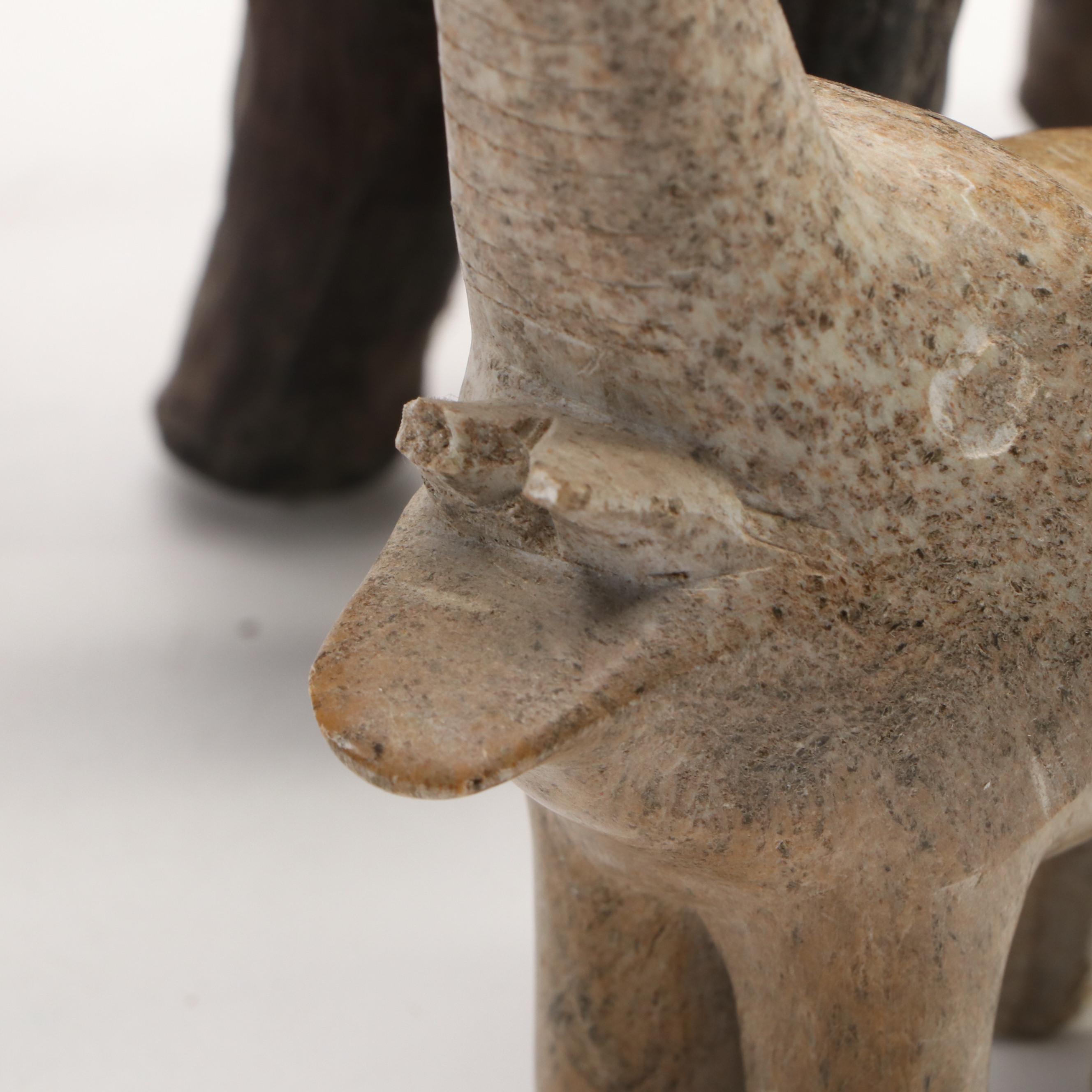 Carved Soapstone, Banded Calcite, Wood and Metal Elephants & Plaque