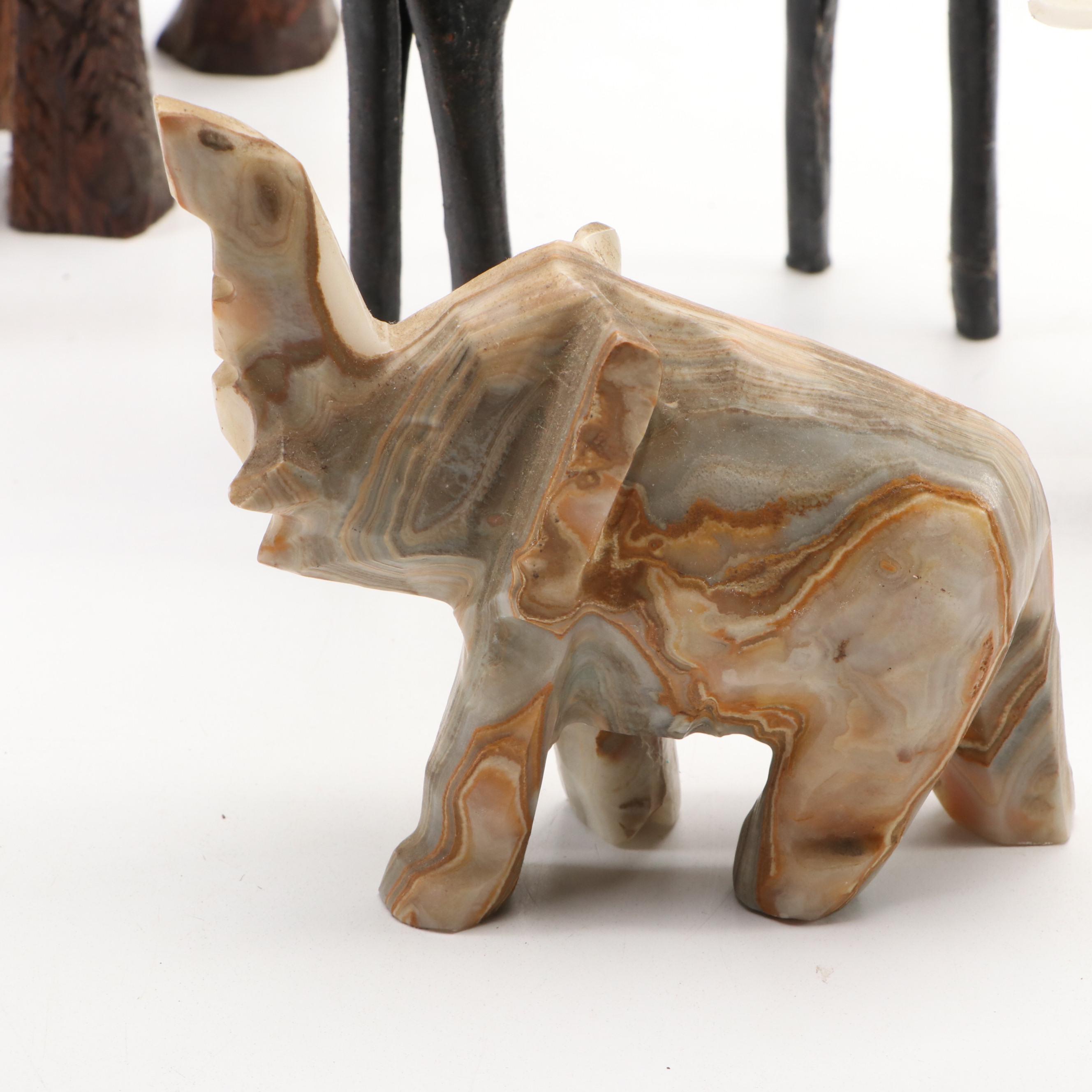 Carved Soapstone, Banded Calcite, Wood and Metal Elephants & Plaque