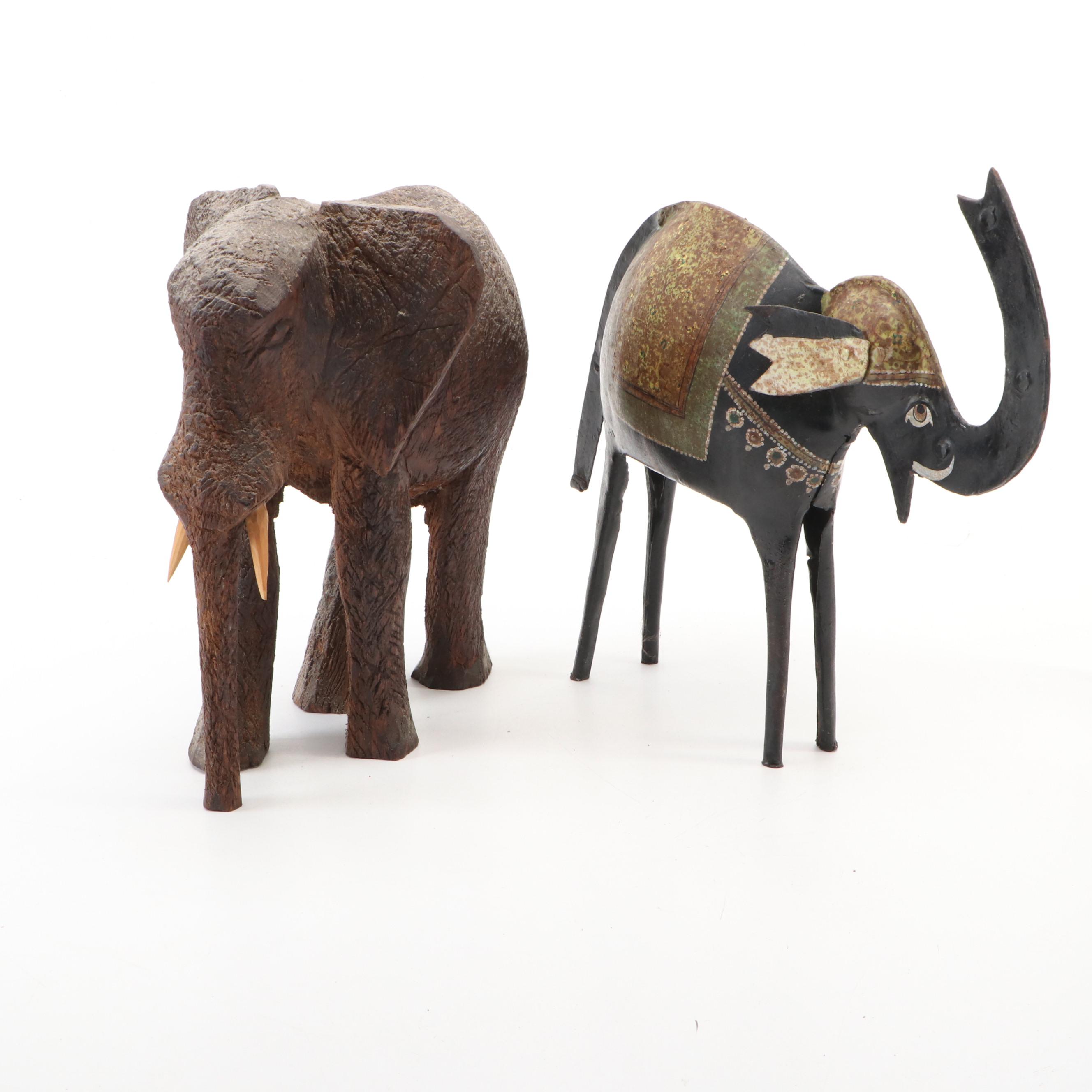 Carved Soapstone, Banded Calcite, Wood and Metal Elephants & Plaque