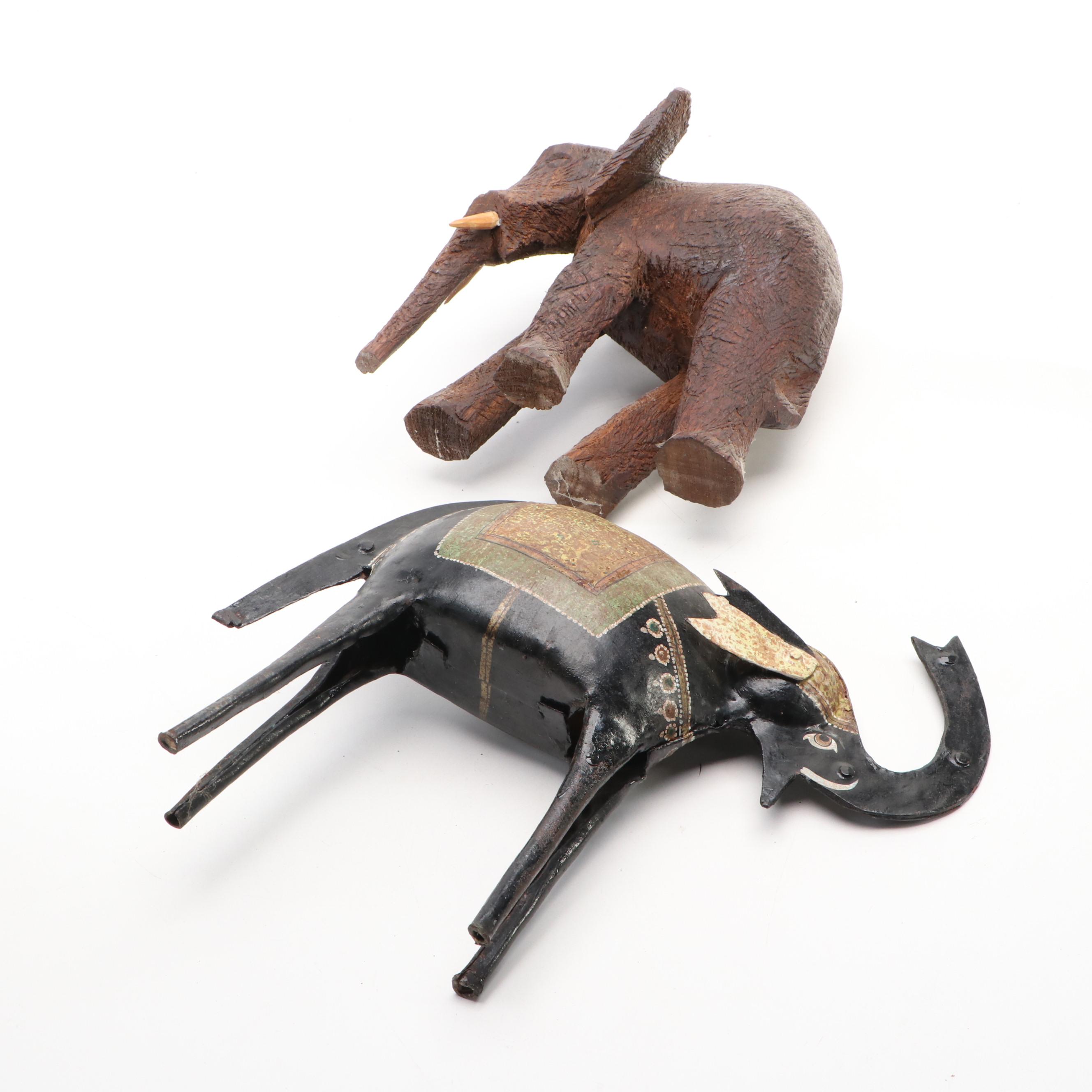 Carved Soapstone, Banded Calcite, Wood and Metal Elephants & Plaque