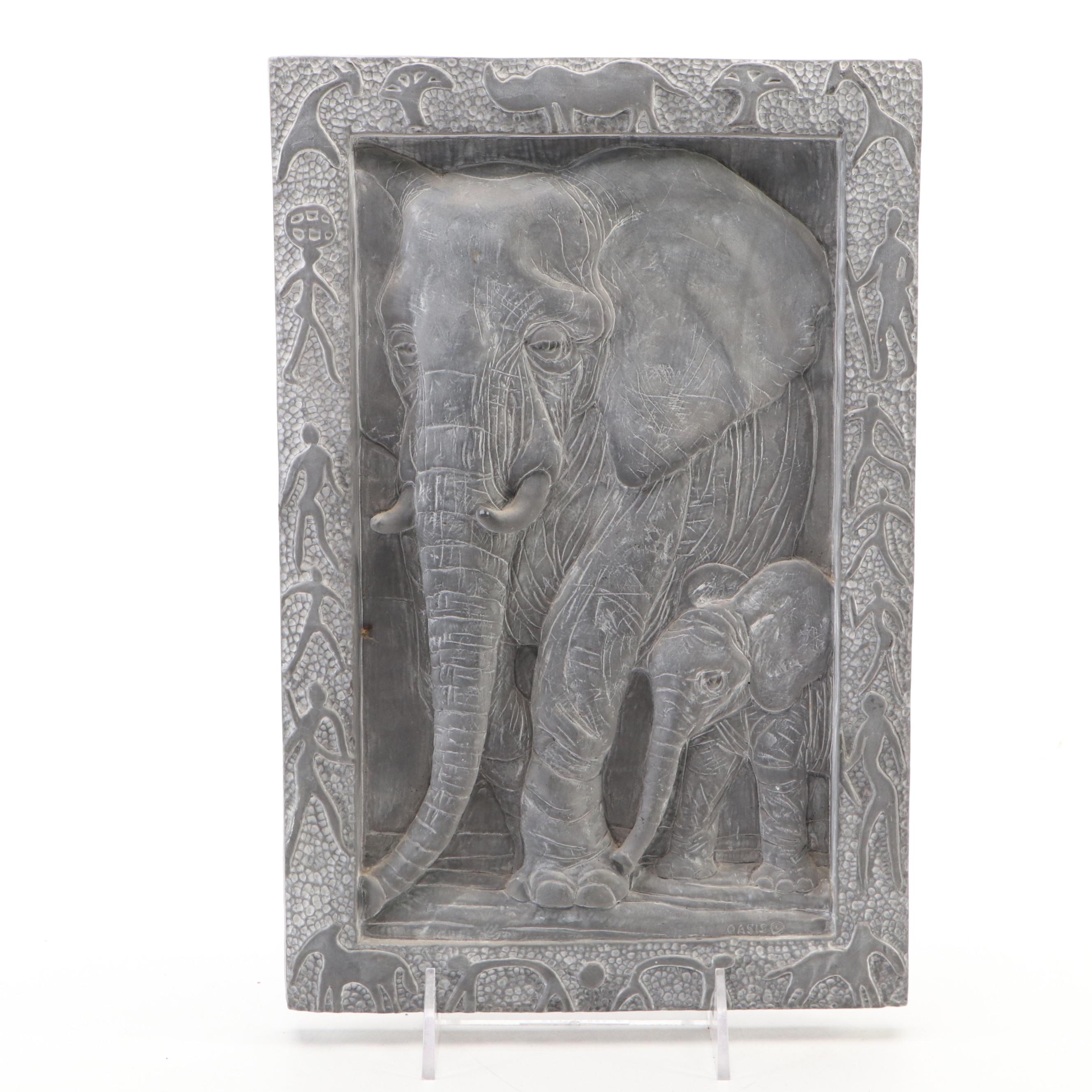 Carved Soapstone, Banded Calcite, Wood and Metal Elephants & Plaque