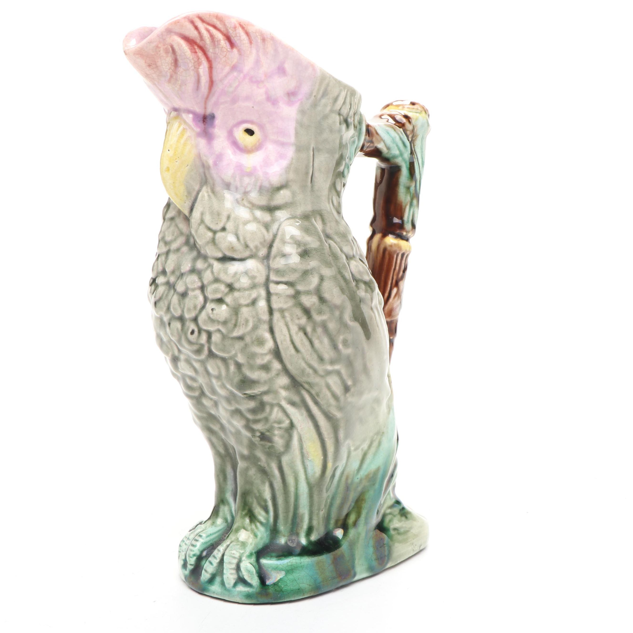 English Majolica Cockatoo Pitcher, Late 19th/ Early 20th Century