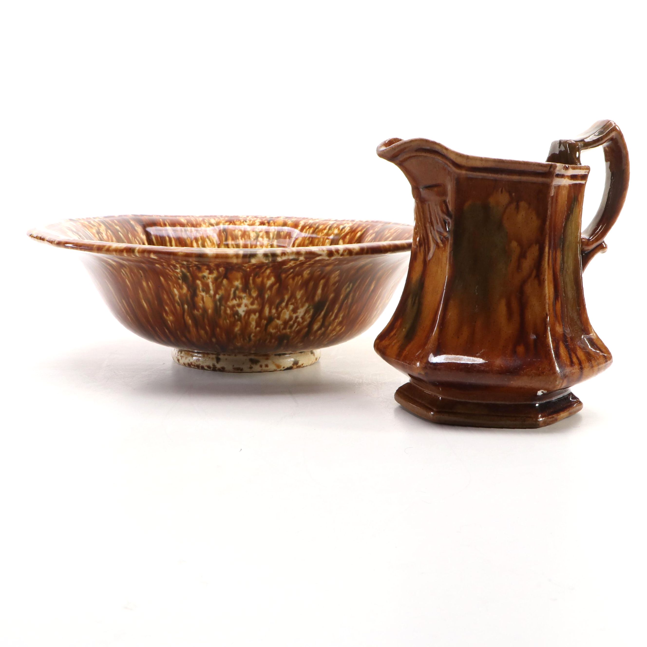 Bennington Rockingham Glazed Yellowware Ewer and Basin, 19th Century