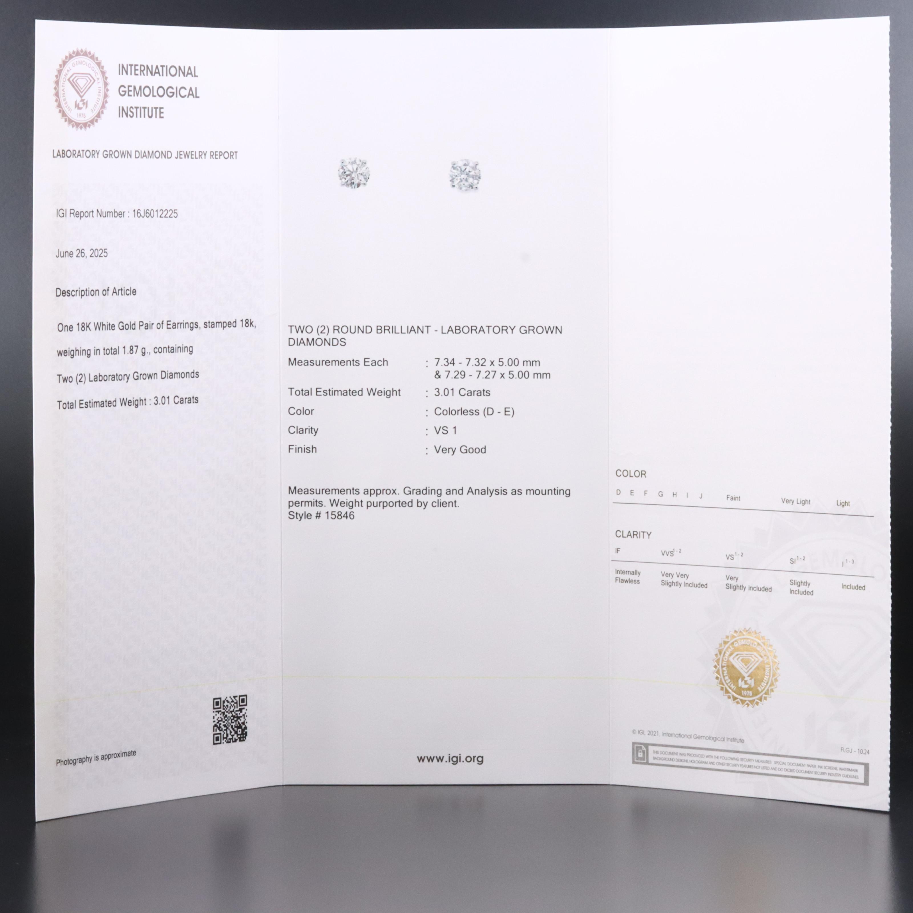 18K 3.01 CTW Lab Grown Diamond Martini Solitaire Earrings with IGI Report