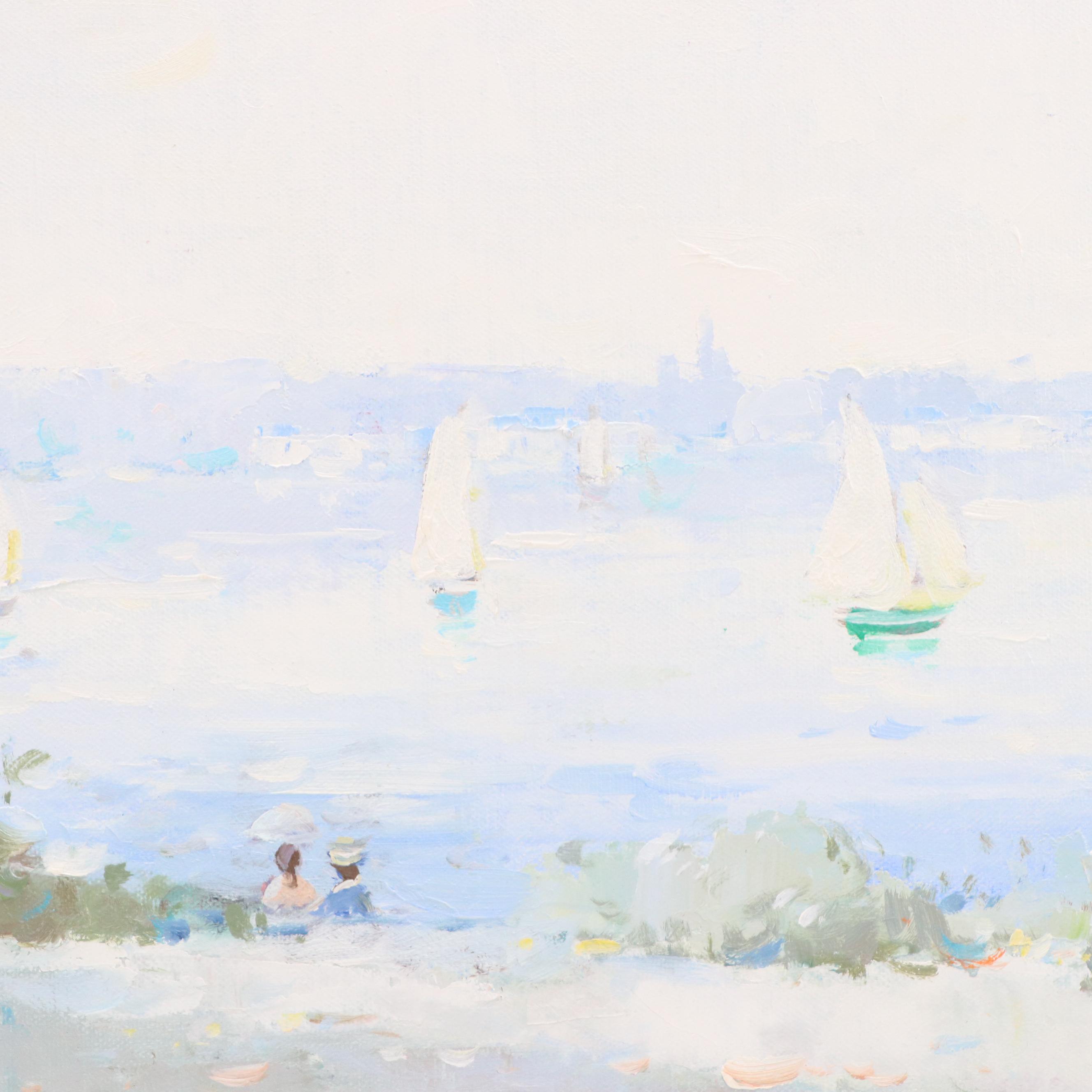 Henri Dupre Impressionist Oil Painting of Bay Watchers in the Park, 20th C.