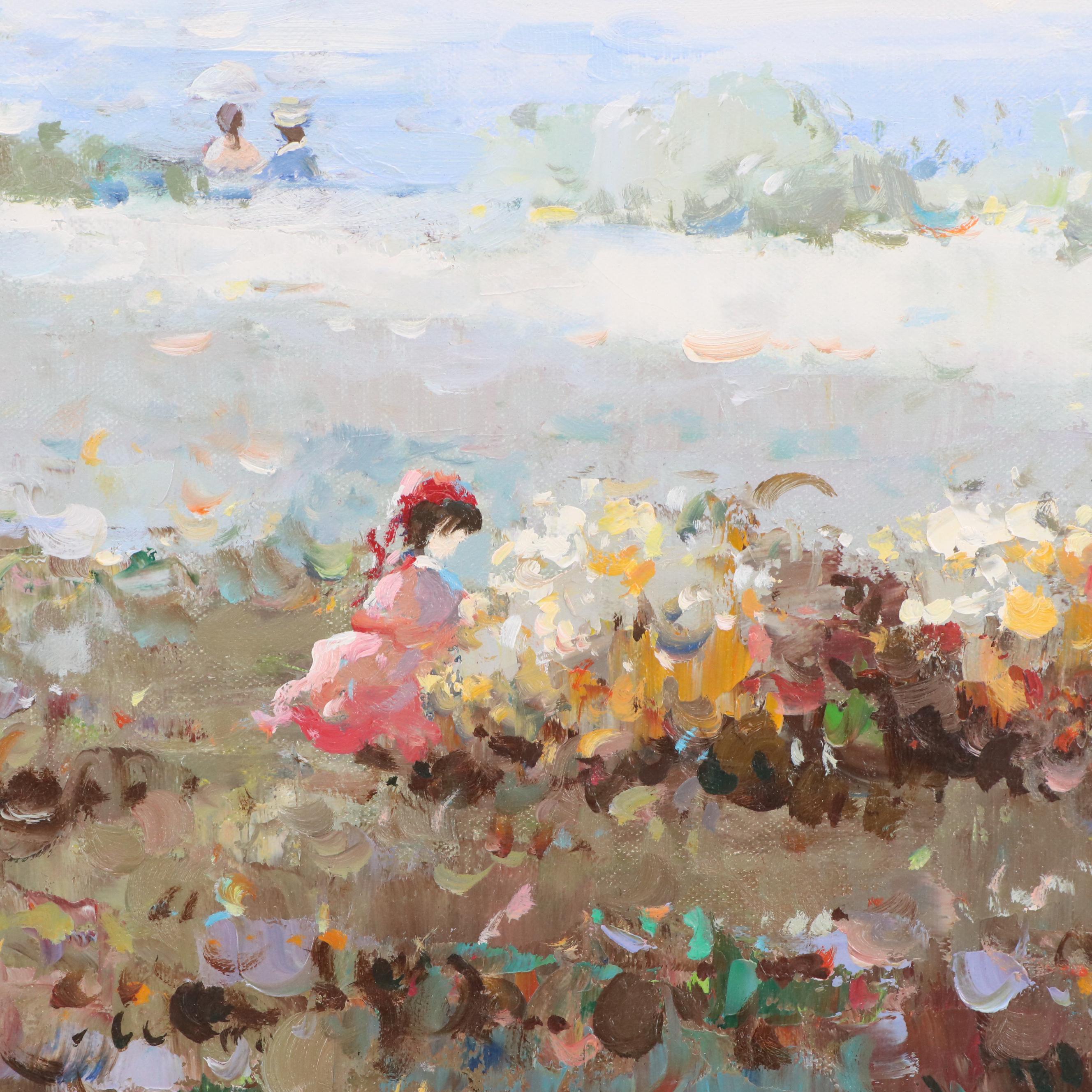 Henri Dupre Impressionist Oil Painting of Bay Watchers in the Park, 20th C.