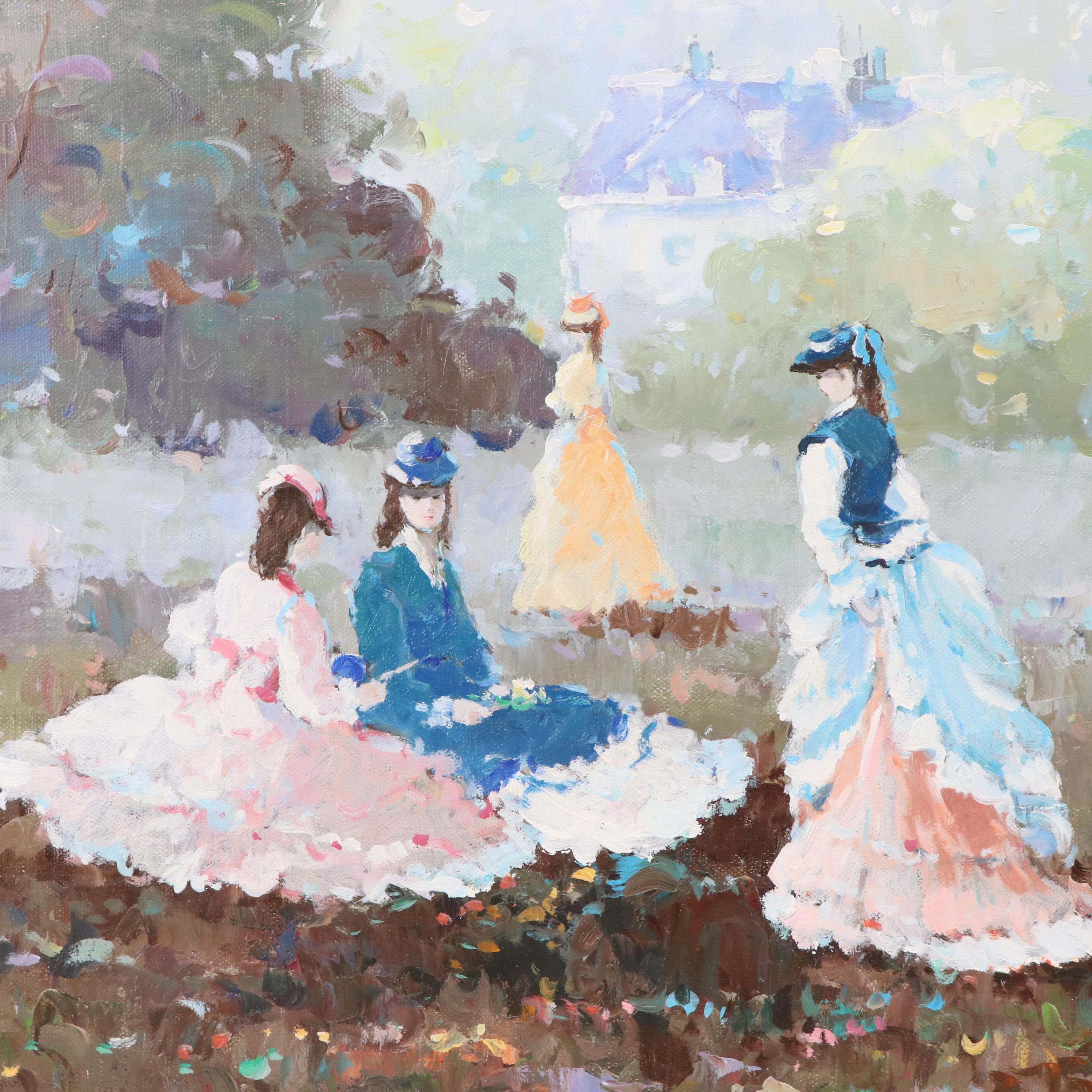 Henri Dupre Impressionist Oil Painting of Bay Watchers in the Park, 20th C.