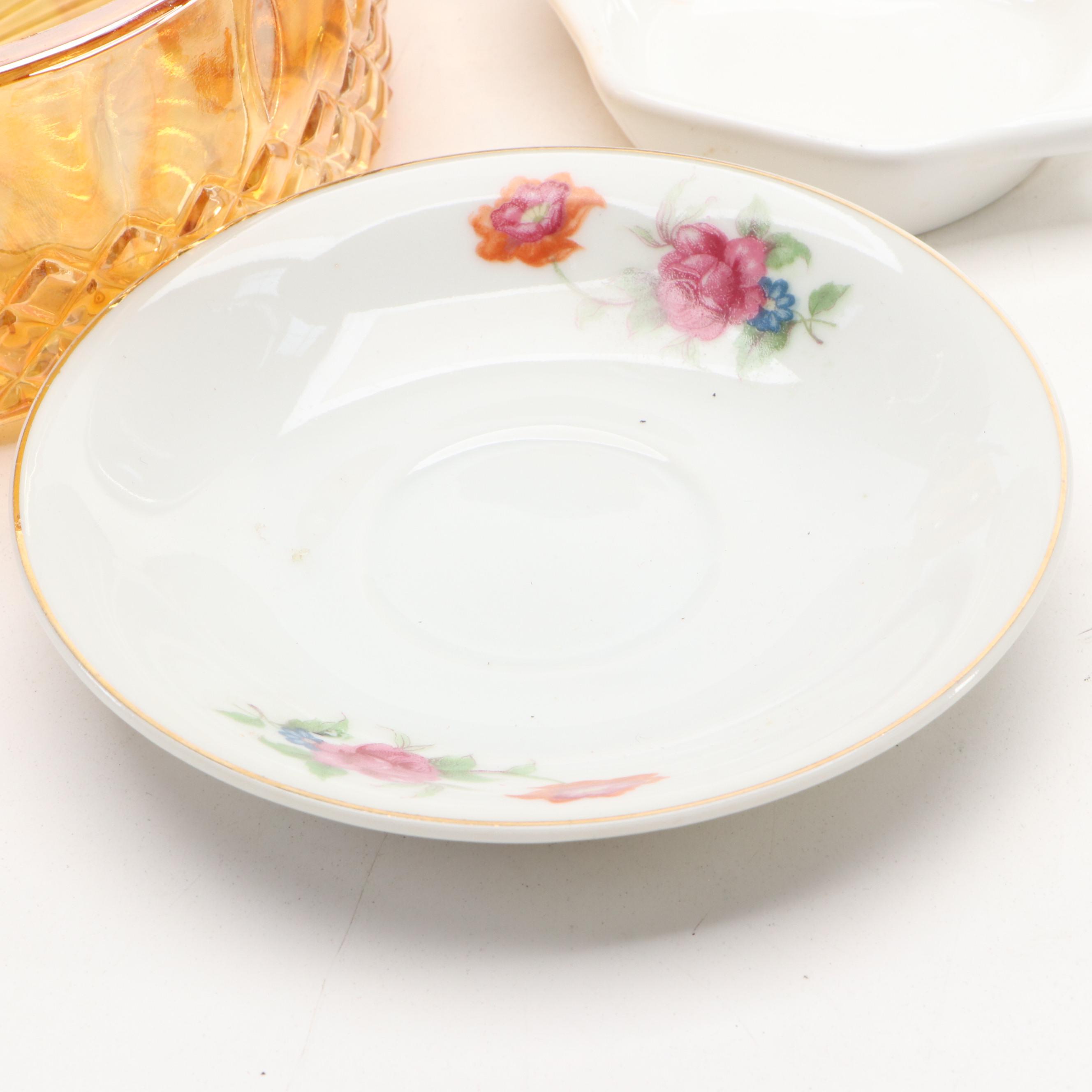 Indiana Glass Amber Candy Dish with Brass Figurine and Other Décor