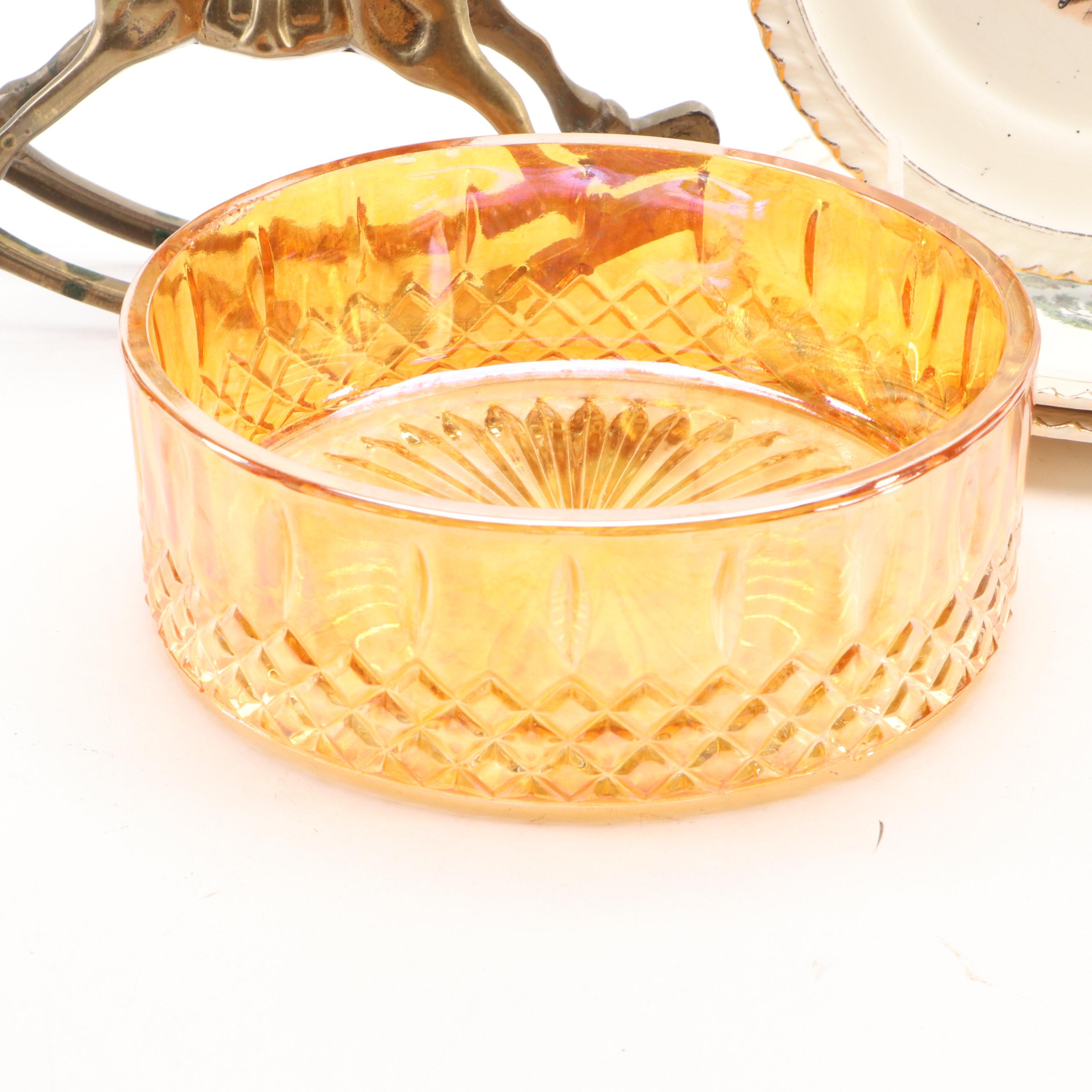 Indiana Glass Amber Candy Dish with Brass Figurine and Other Décor