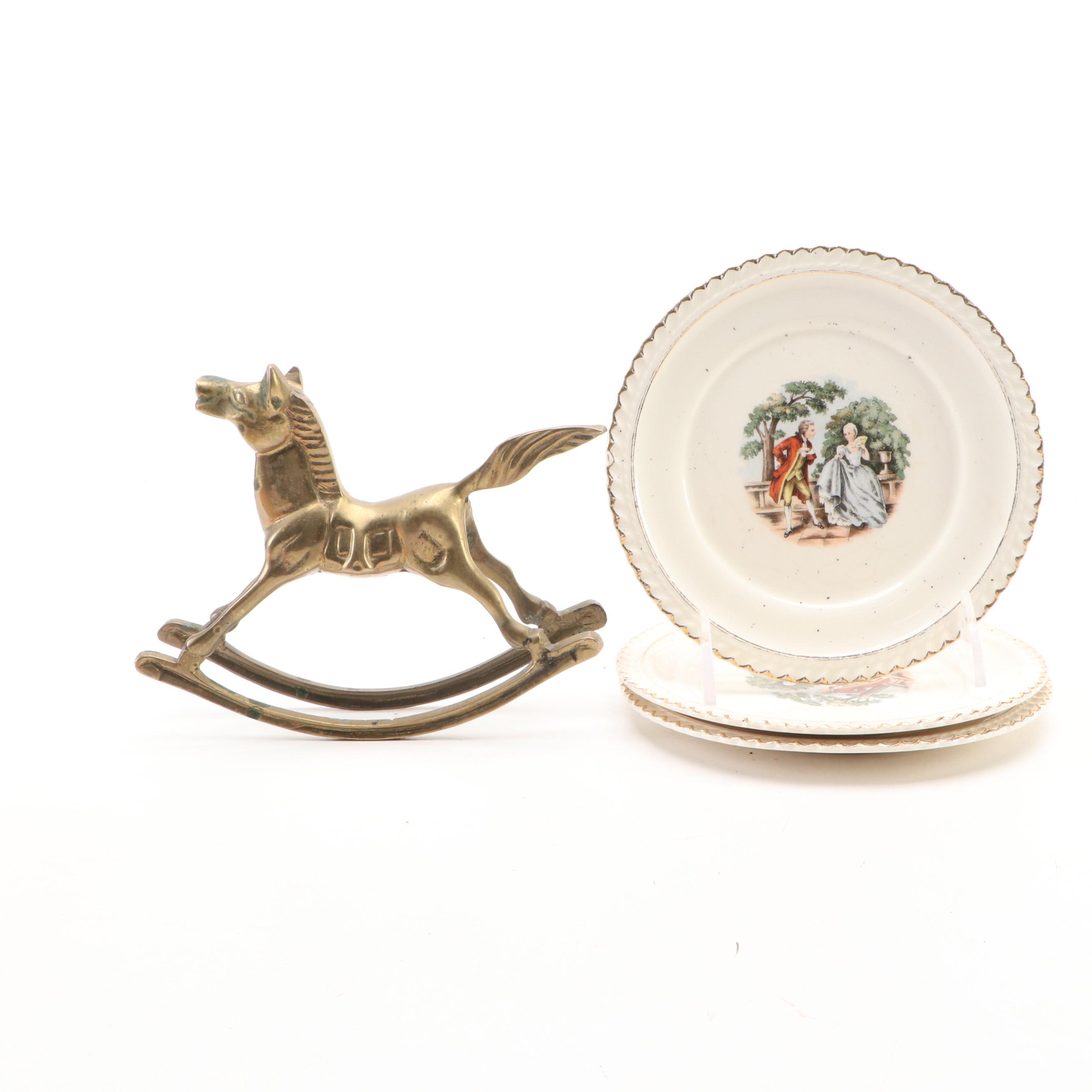 Indiana Glass Amber Candy Dish with Brass Figurine and Other Décor