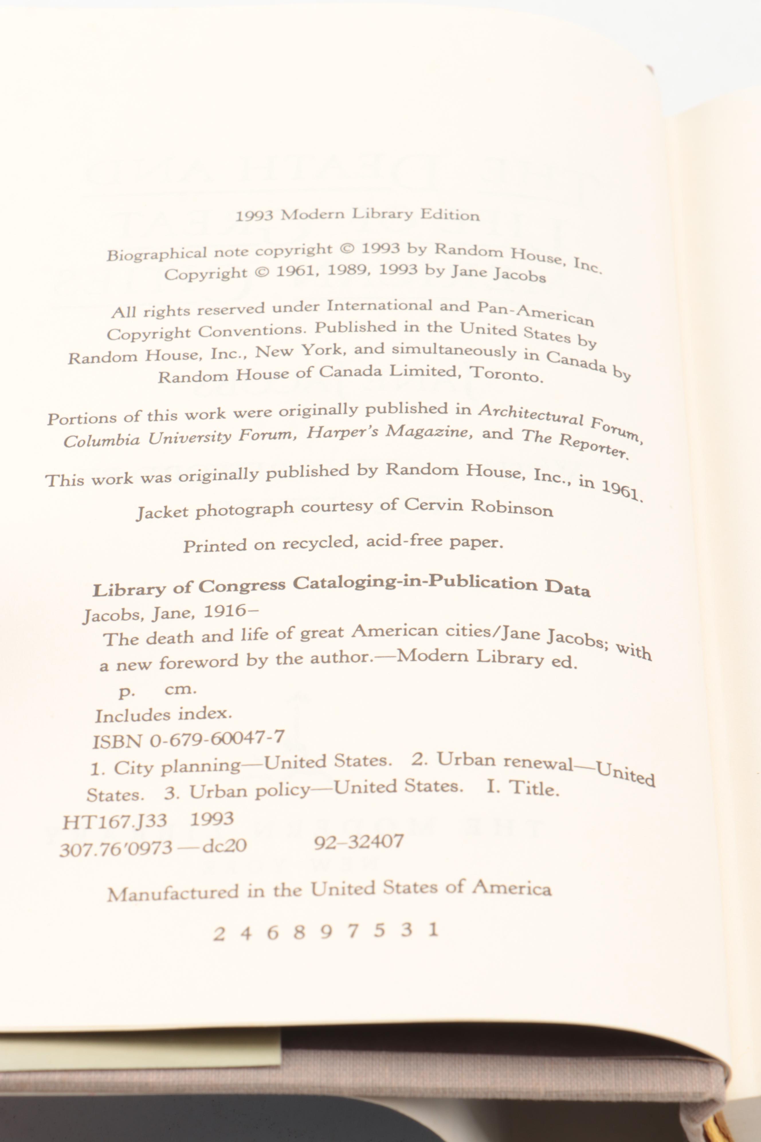 Signed "The Death and Life of Great American Cities" by Jane Jacobs, 1993
