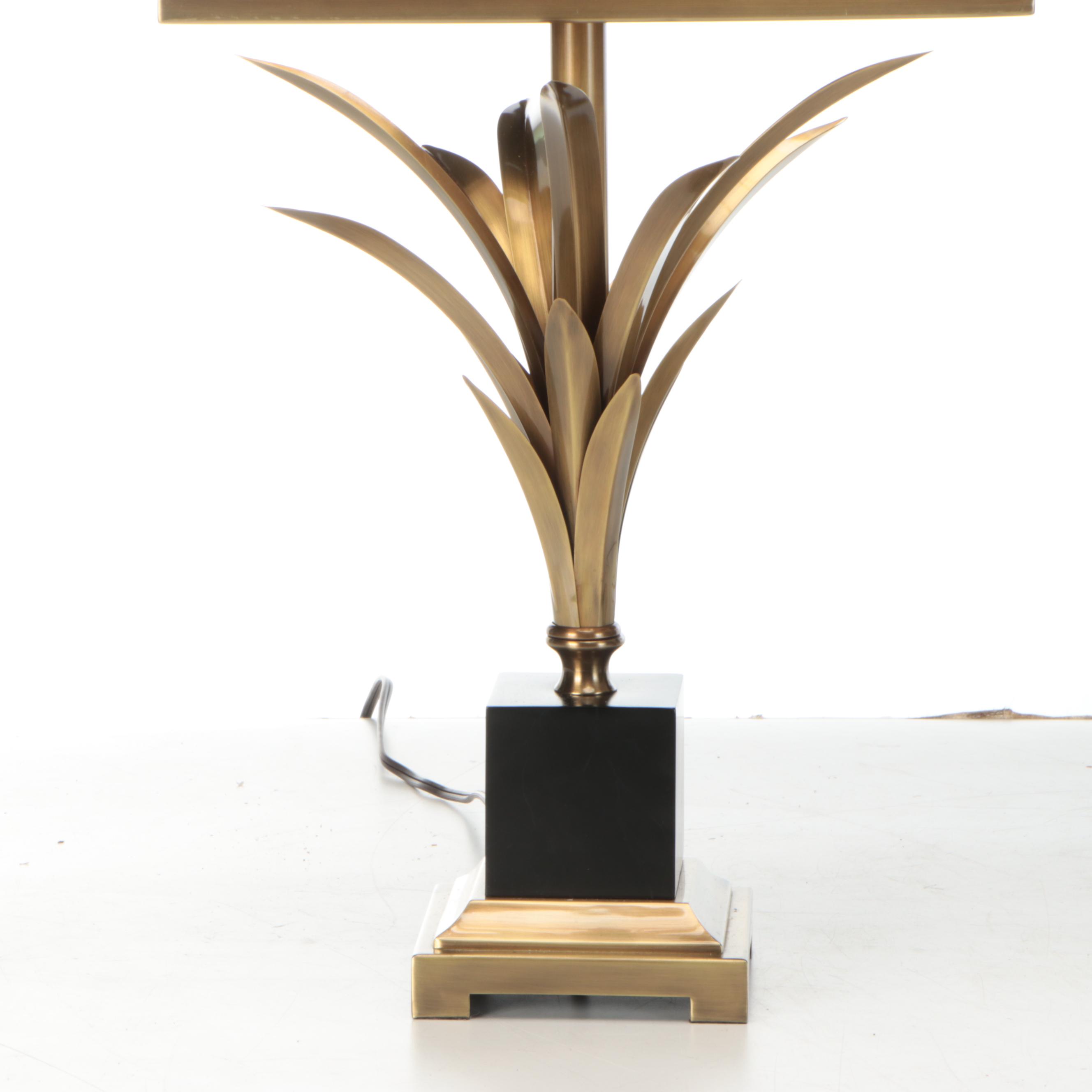 Maison Charles Style Brushed Brass Palm Leaf Table Lamps with Custom Silk Shades