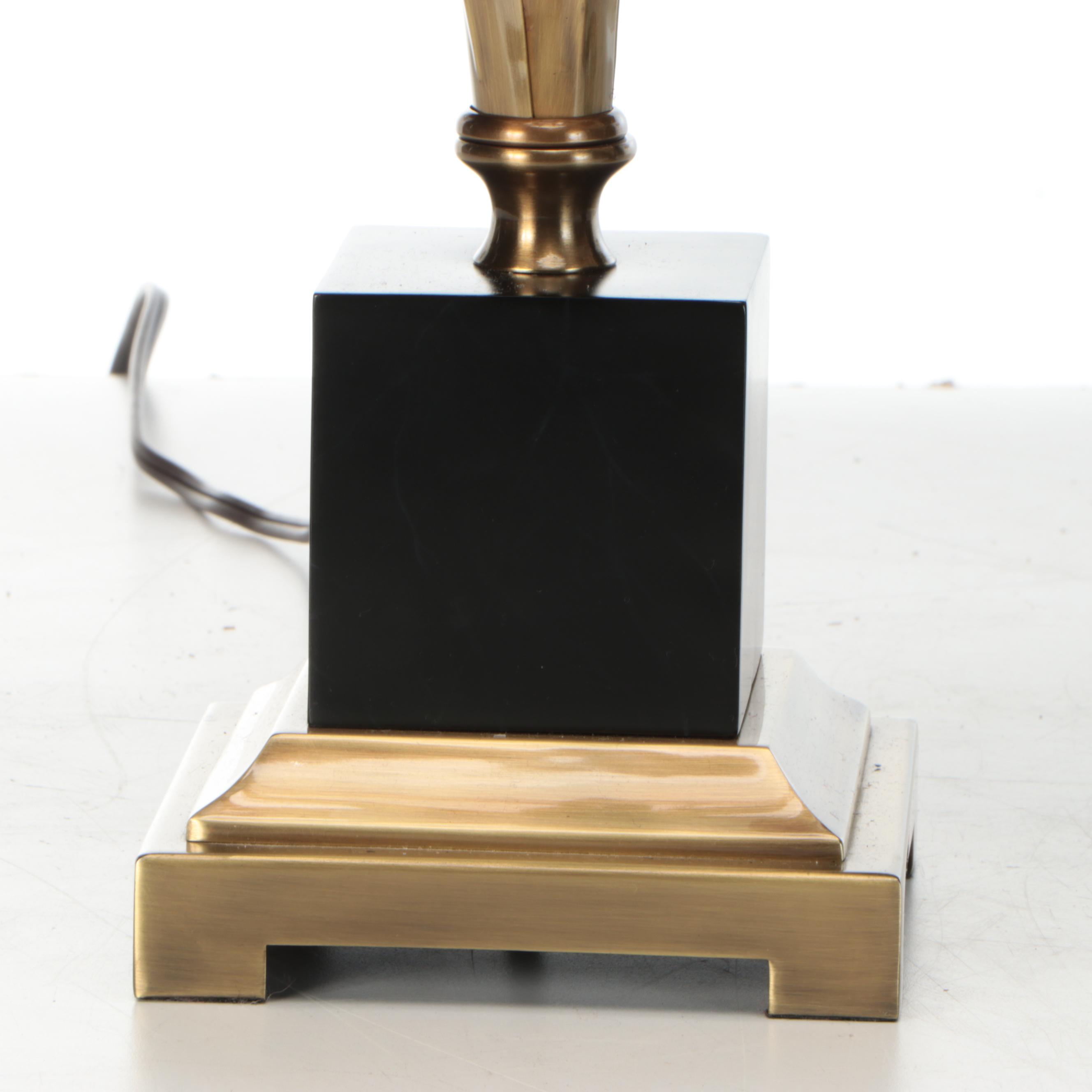 Maison Charles Style Brushed Brass Palm Leaf Table Lamps with Custom Silk Shades