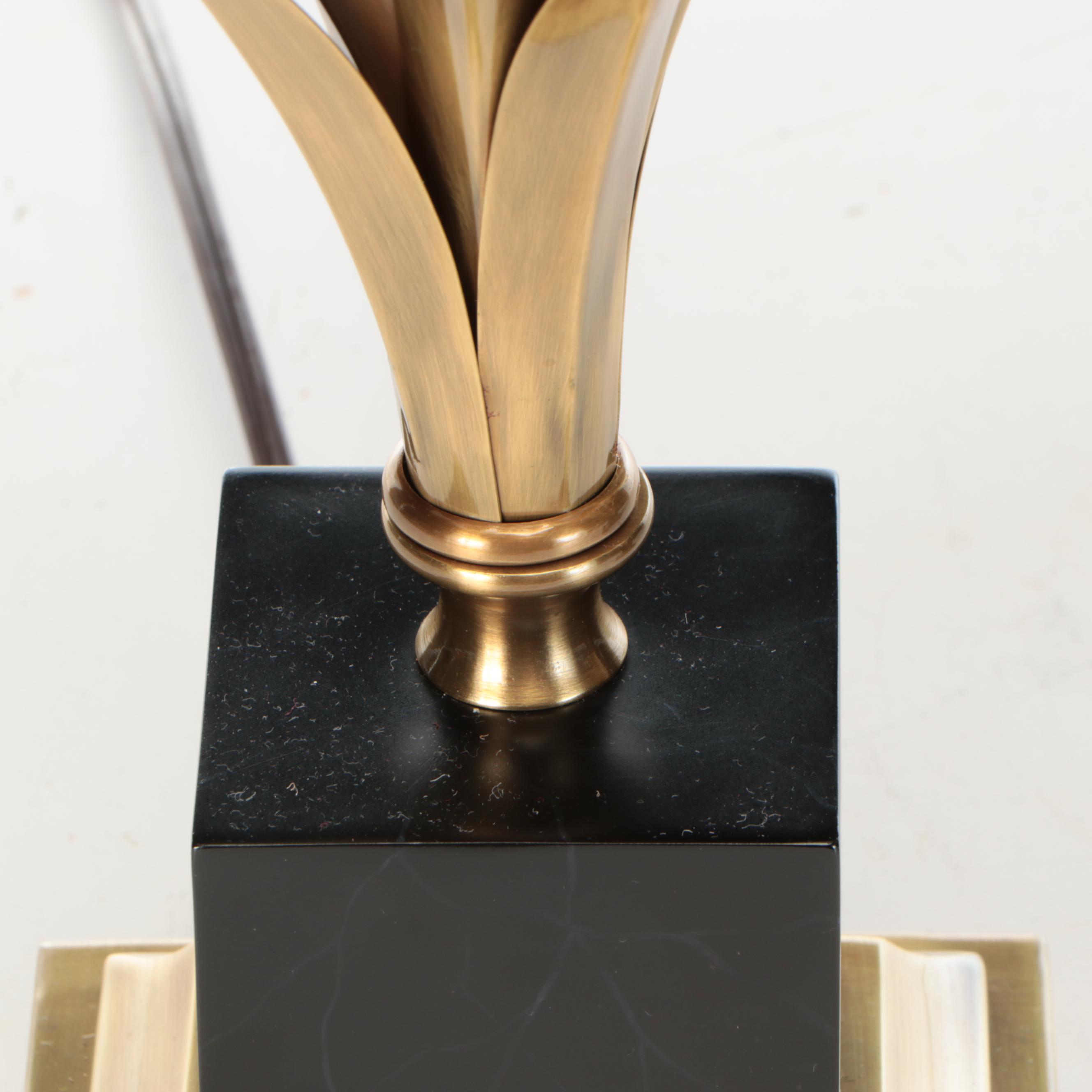 Maison Charles Style Brushed Brass Palm Leaf Table Lamps with Custom Silk Shades