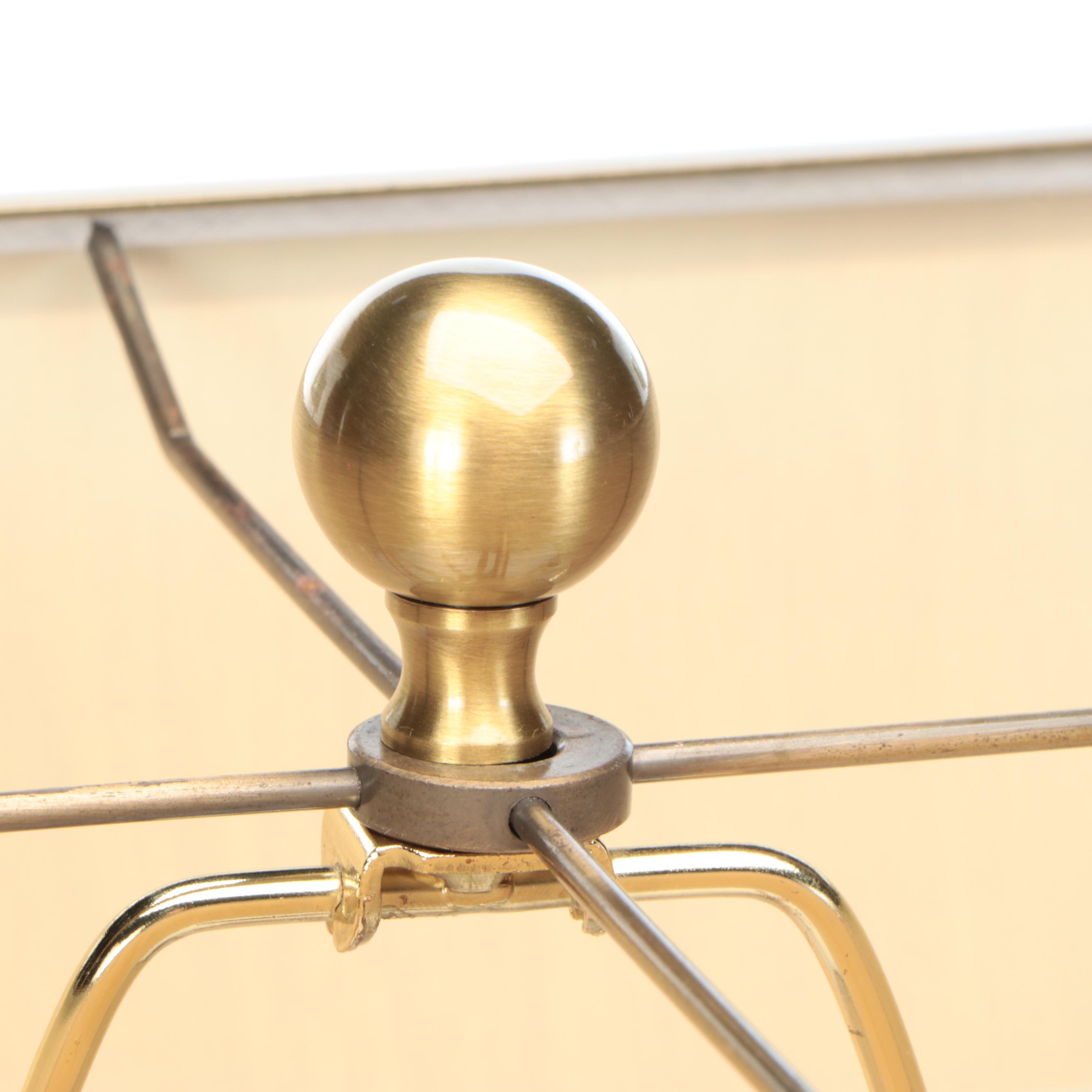 Maison Charles Style Brushed Brass Palm Leaf Table Lamps with Custom Silk Shades