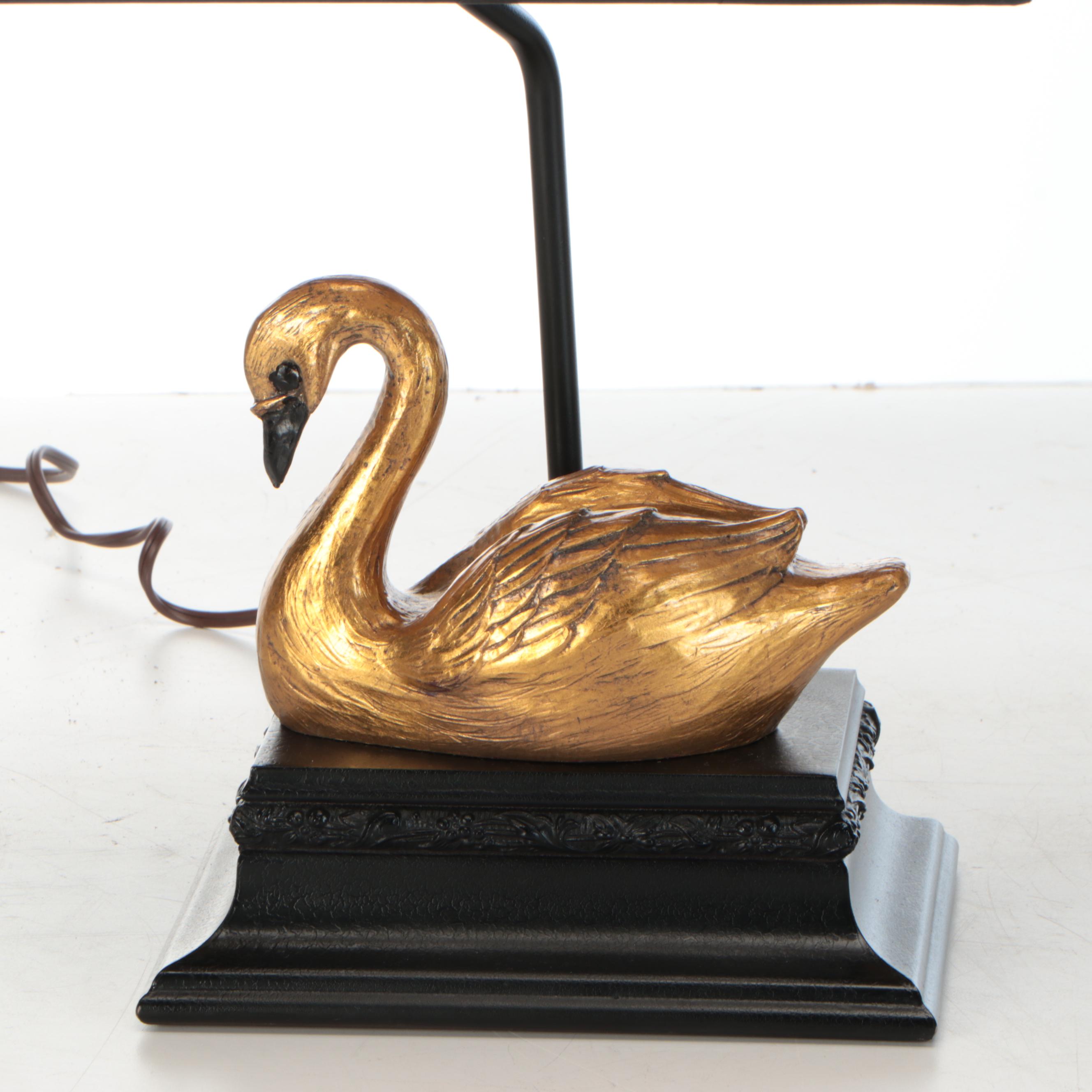 Pair of Lampcrafters Gilt Mute Swan Table Lamps with Black Paper Shades