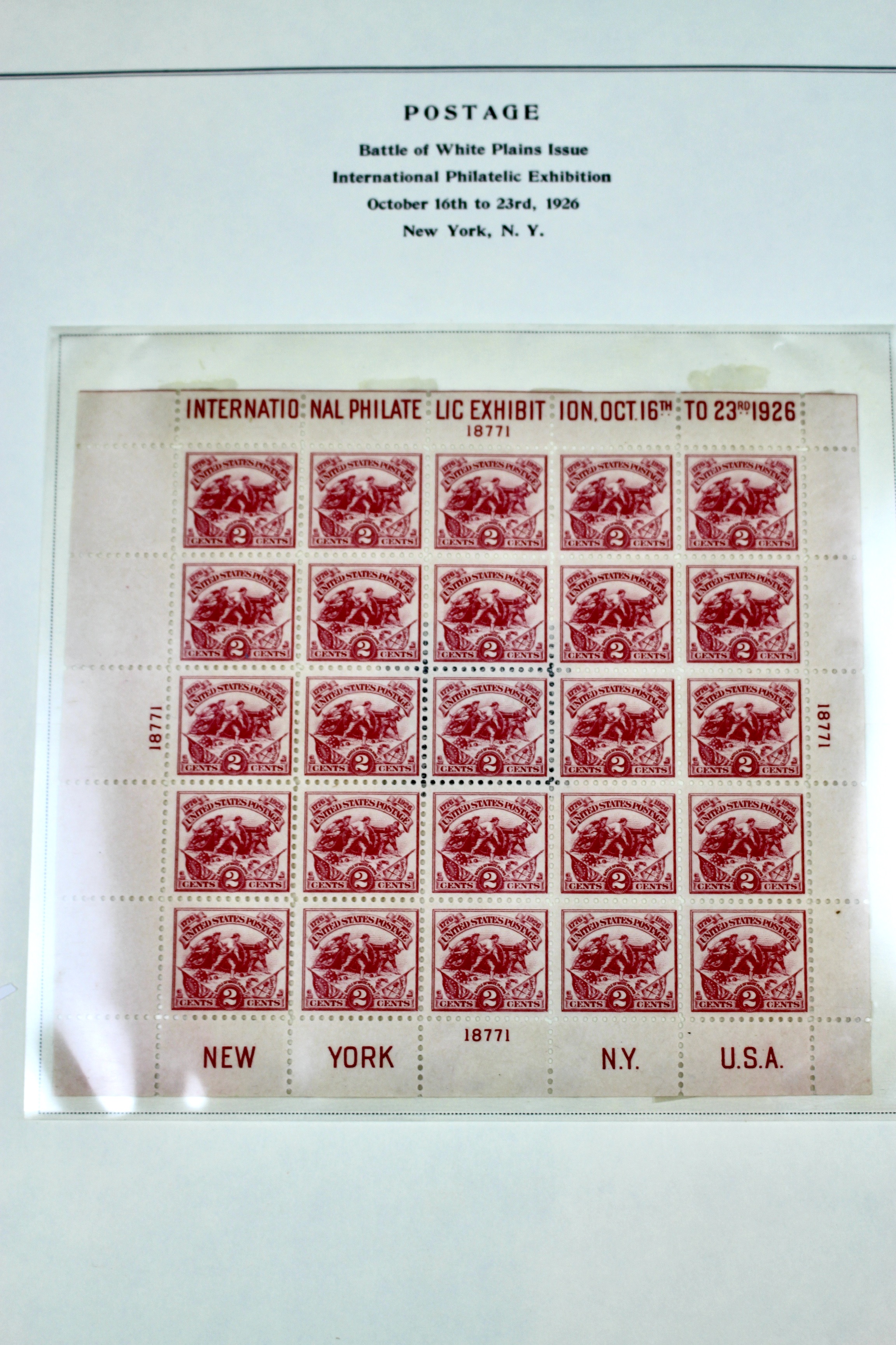 1926 White Plains Souvenir Postage Stamp Sheet, MH