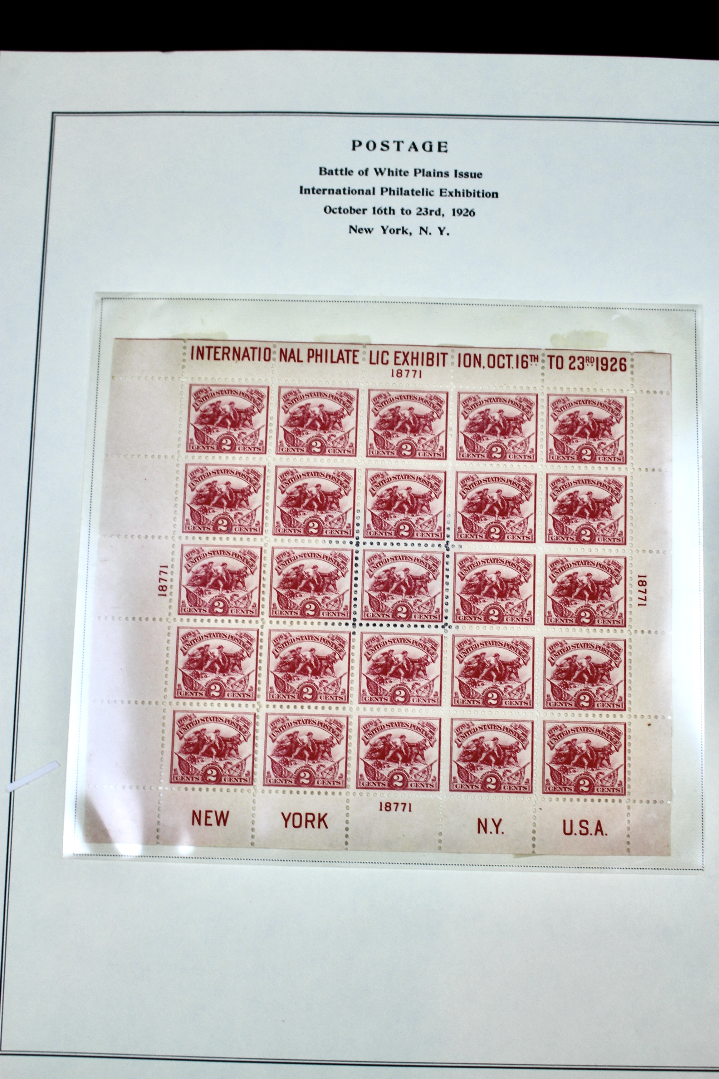 1926 White Plains Souvenir Postage Stamp Sheet, MH