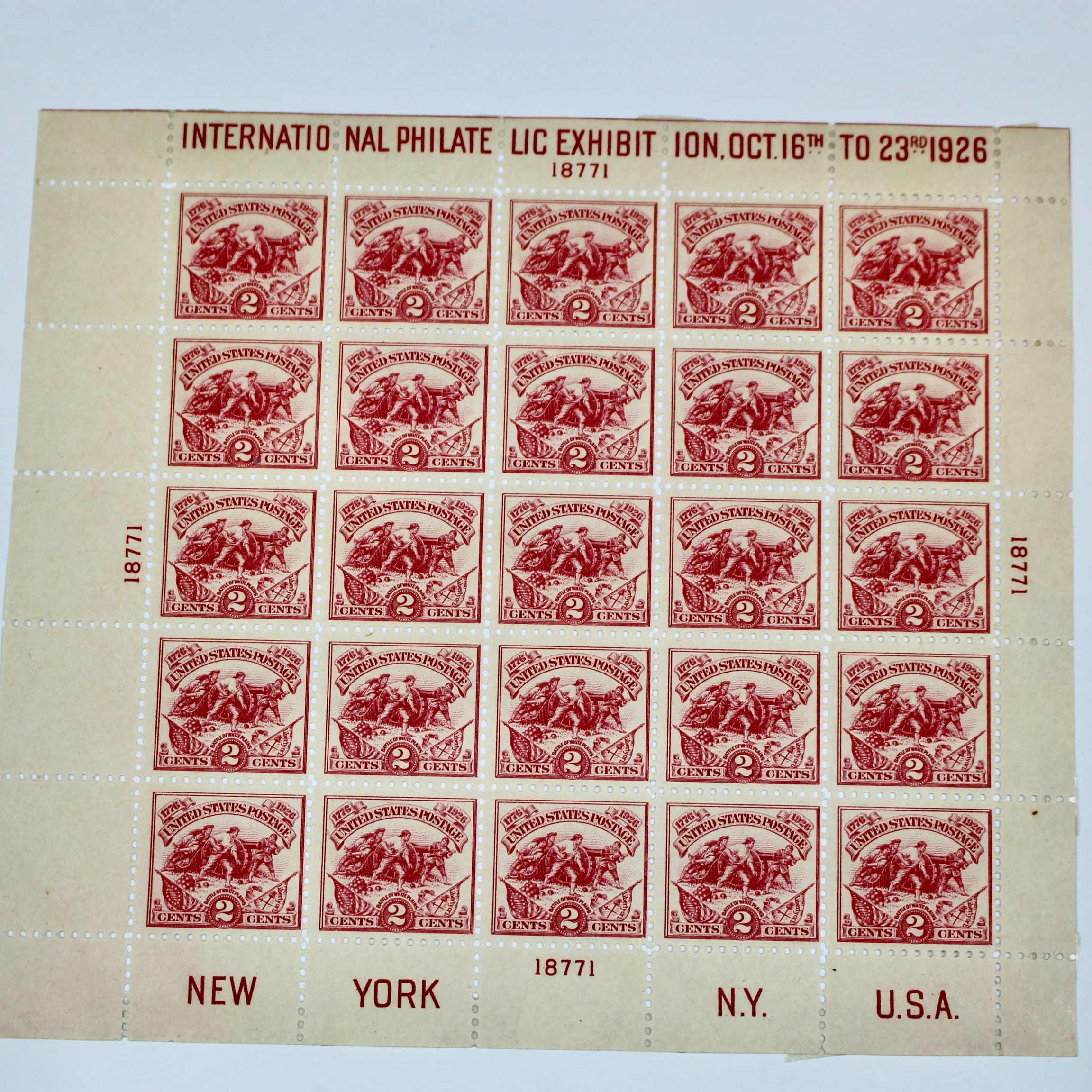 1926 White Plains Souvenir Postage Stamp Sheet, MH