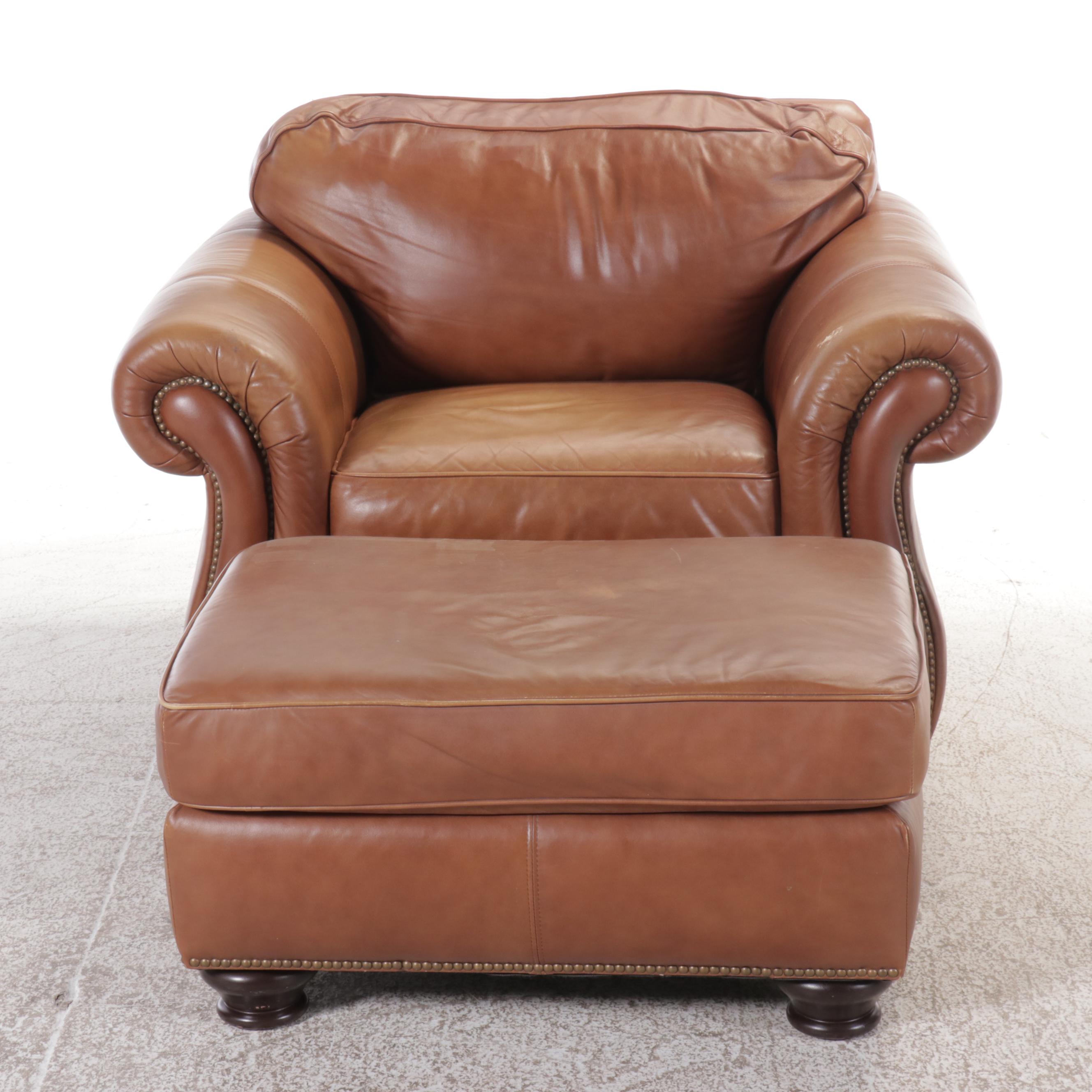 Bernhardt Tan Leather Lounge Chair with Ottoman
