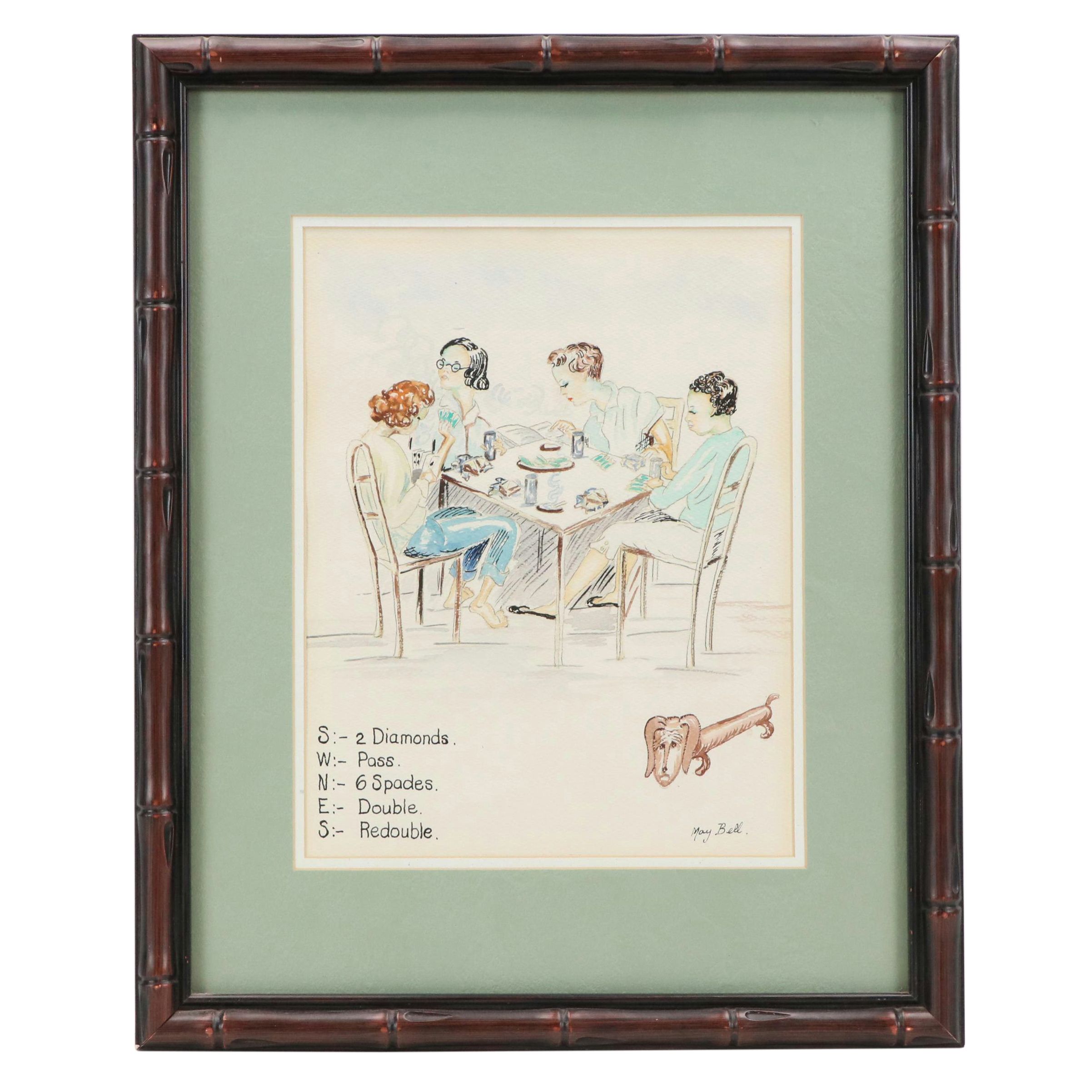Mary Bell Watercolor Painting of Bridge Players, Mid to Late 20th Century