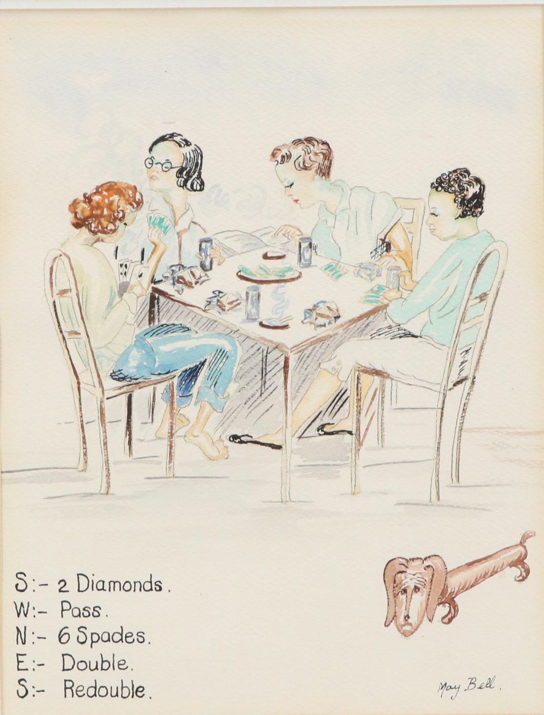 Mary Bell Watercolor Painting of Bridge Players, Mid to Late 20th Century