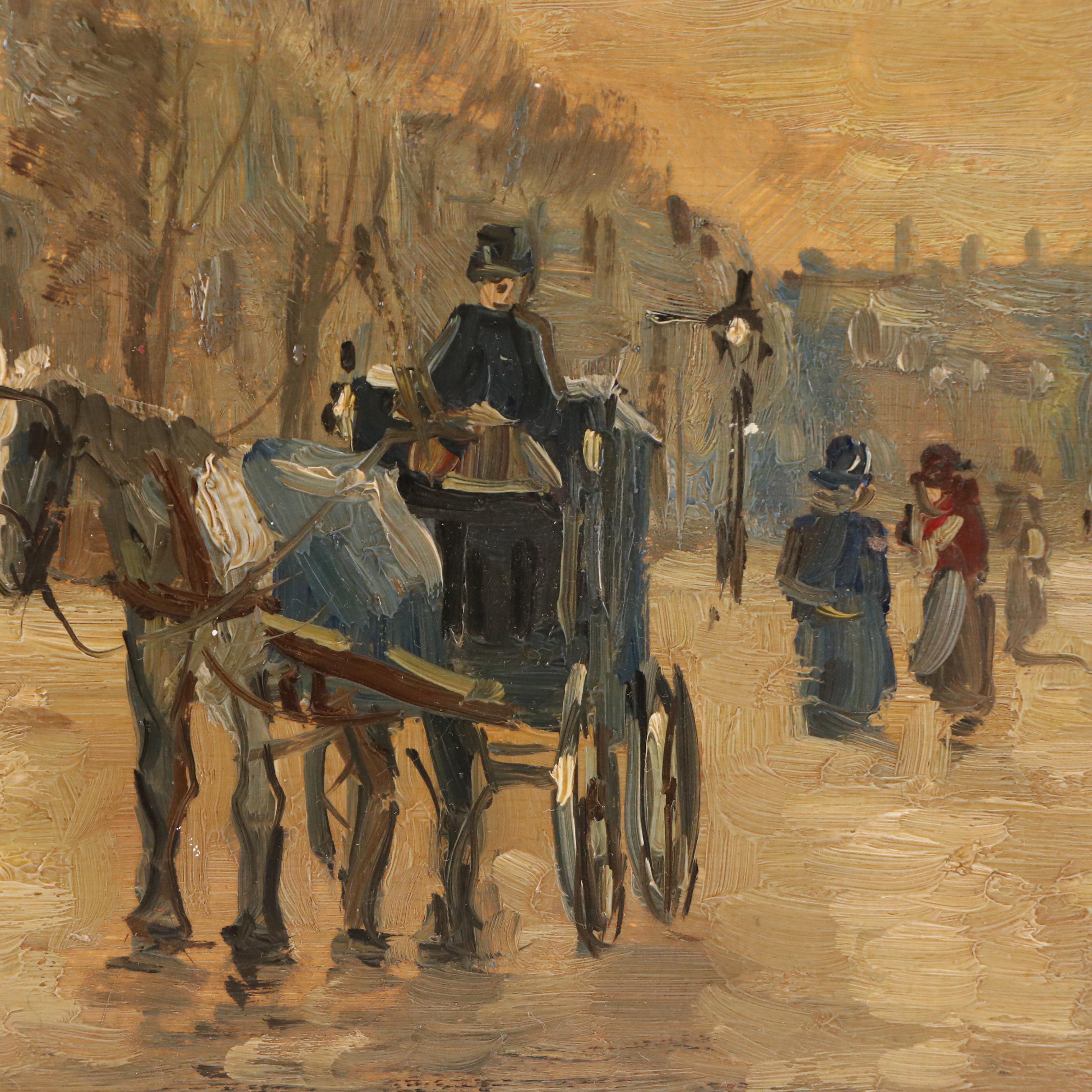 Dirk Van Hoven Cityscape Oil Painting with Horsedrawn Carriage, 20th C.