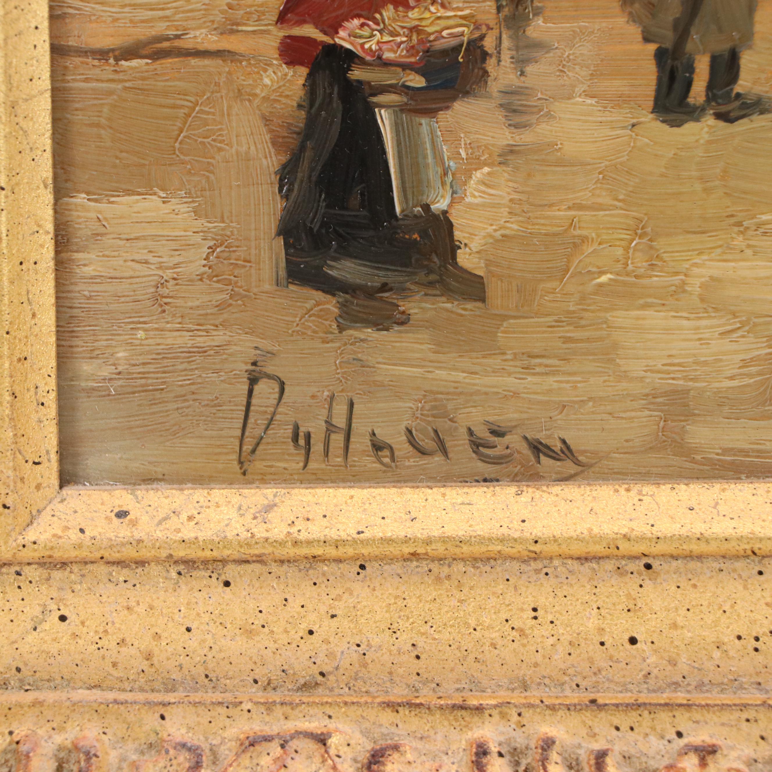 Dirk Van Hoven Cityscape Oil Painting with Horsedrawn Carriage, 20th C.