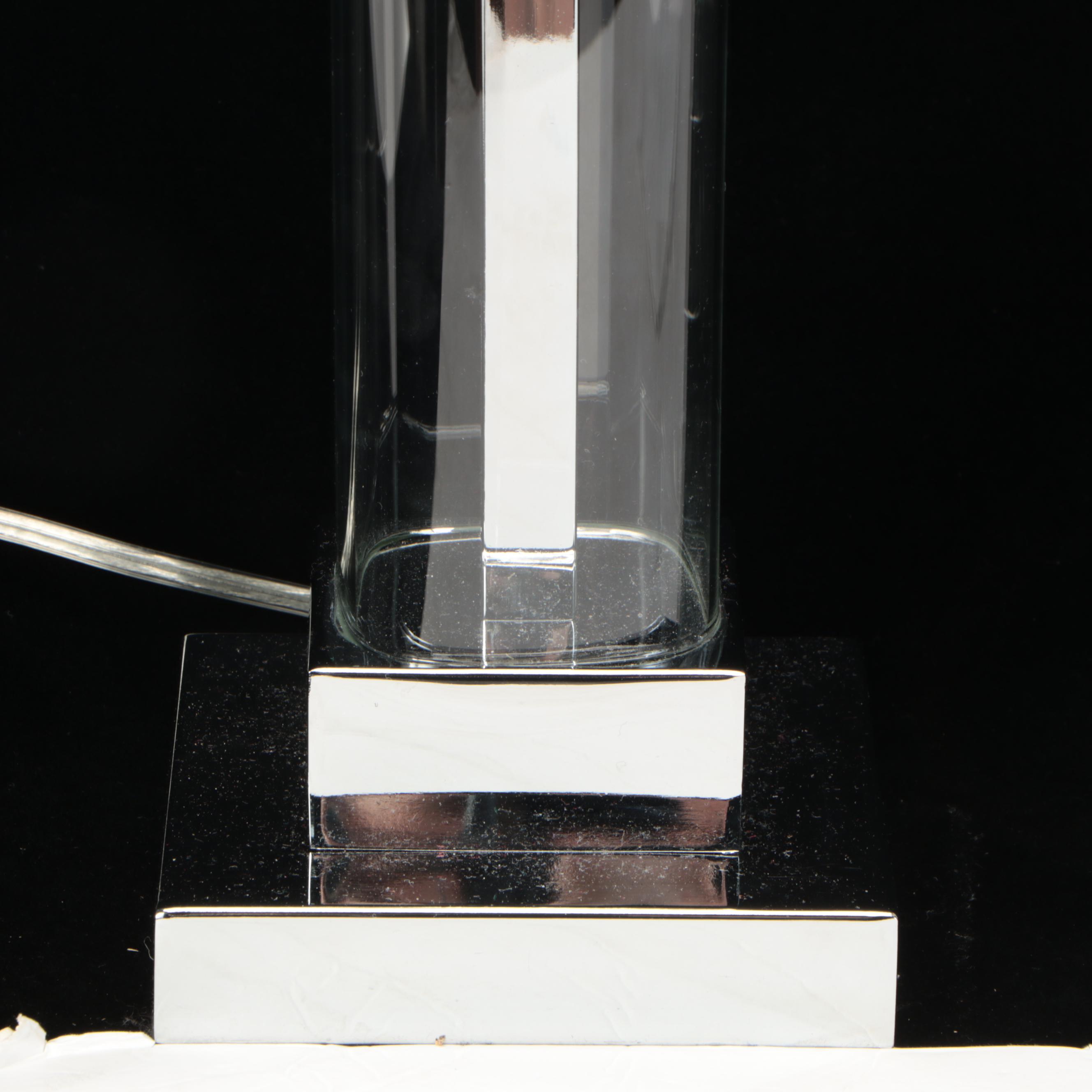 Glass and Chrome Pillar Table Lamps with Cotton Drum Shades, 2020