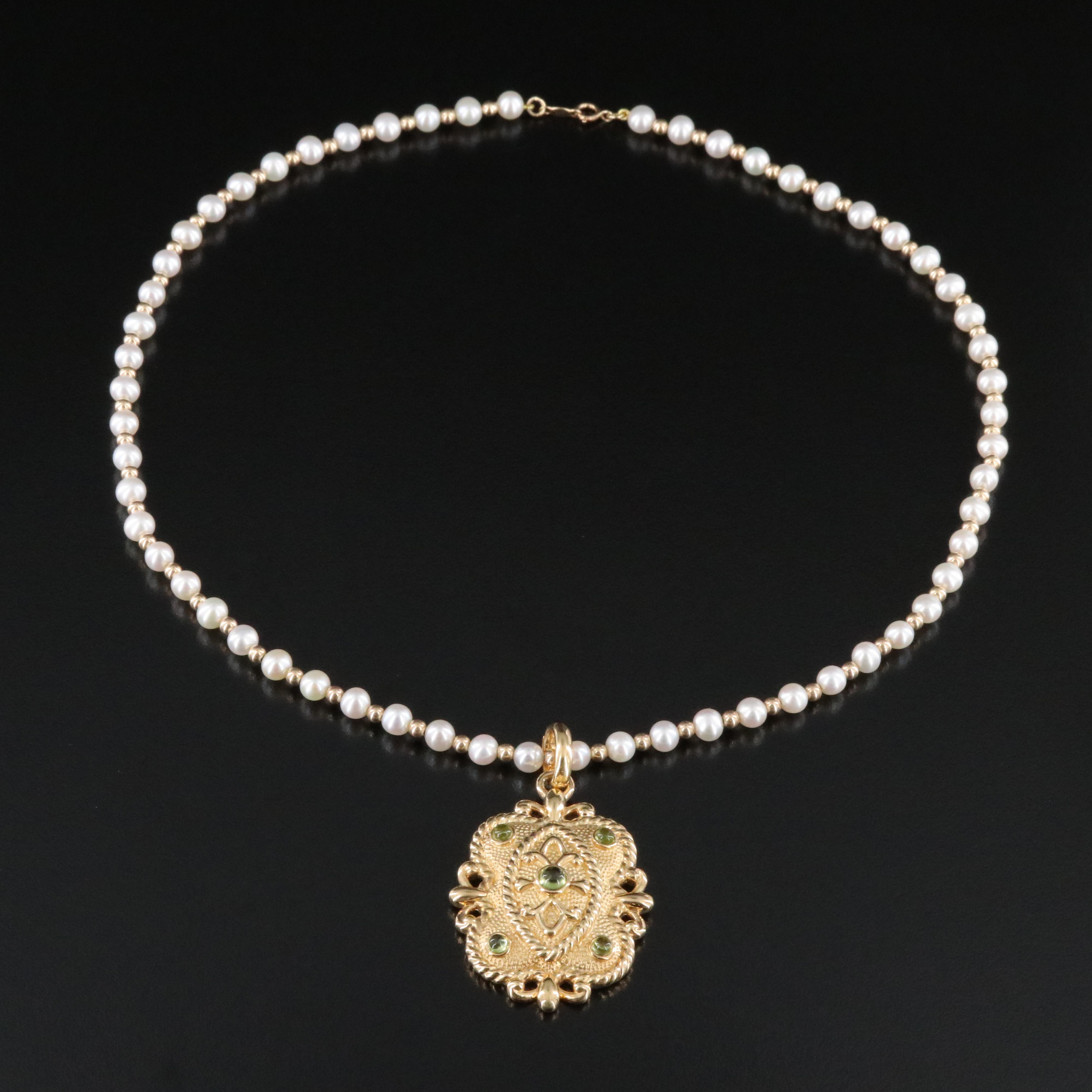 14K Peridot Enhancer Pendant on Pearl Station Chain