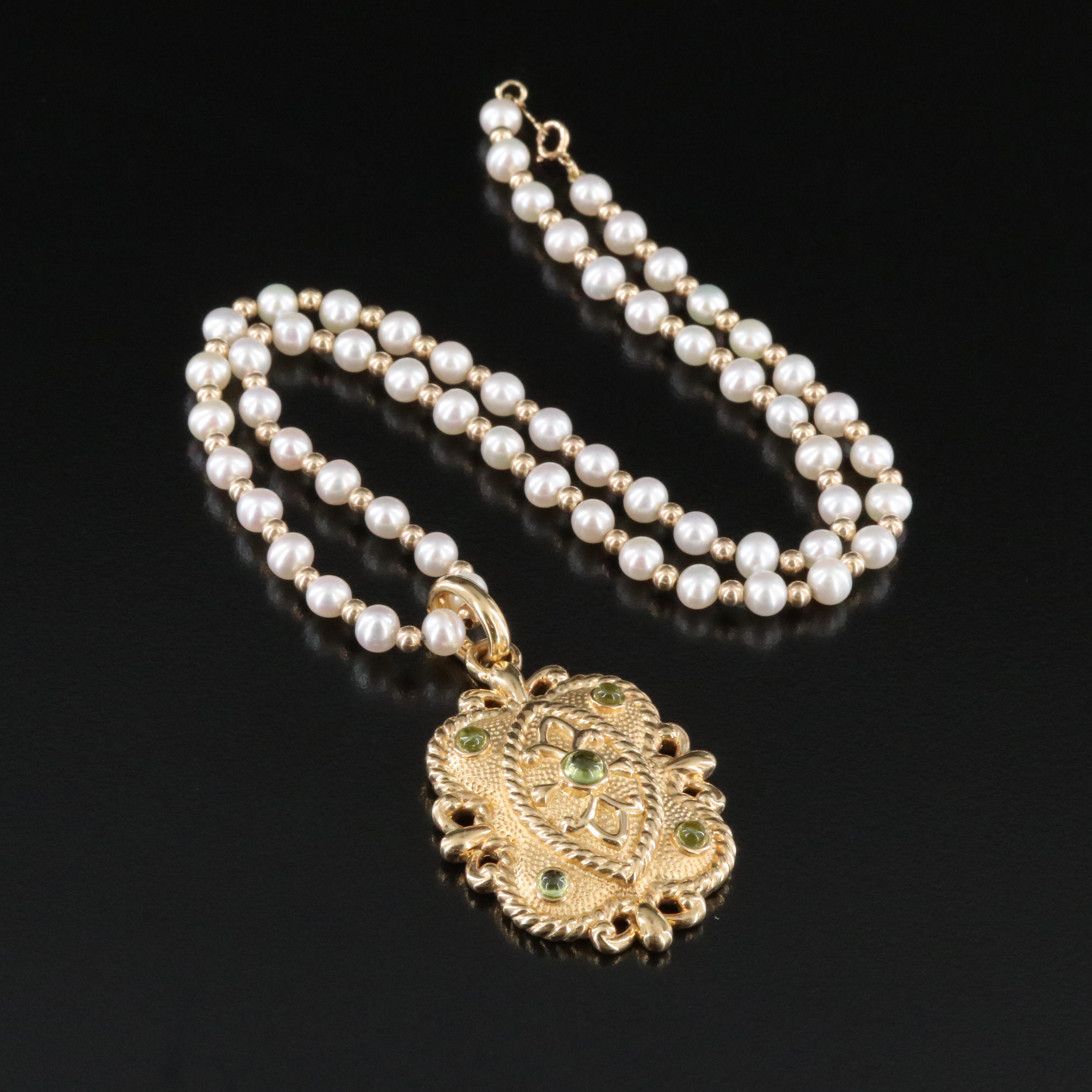 14K Peridot Enhancer Pendant on Pearl Station Chain