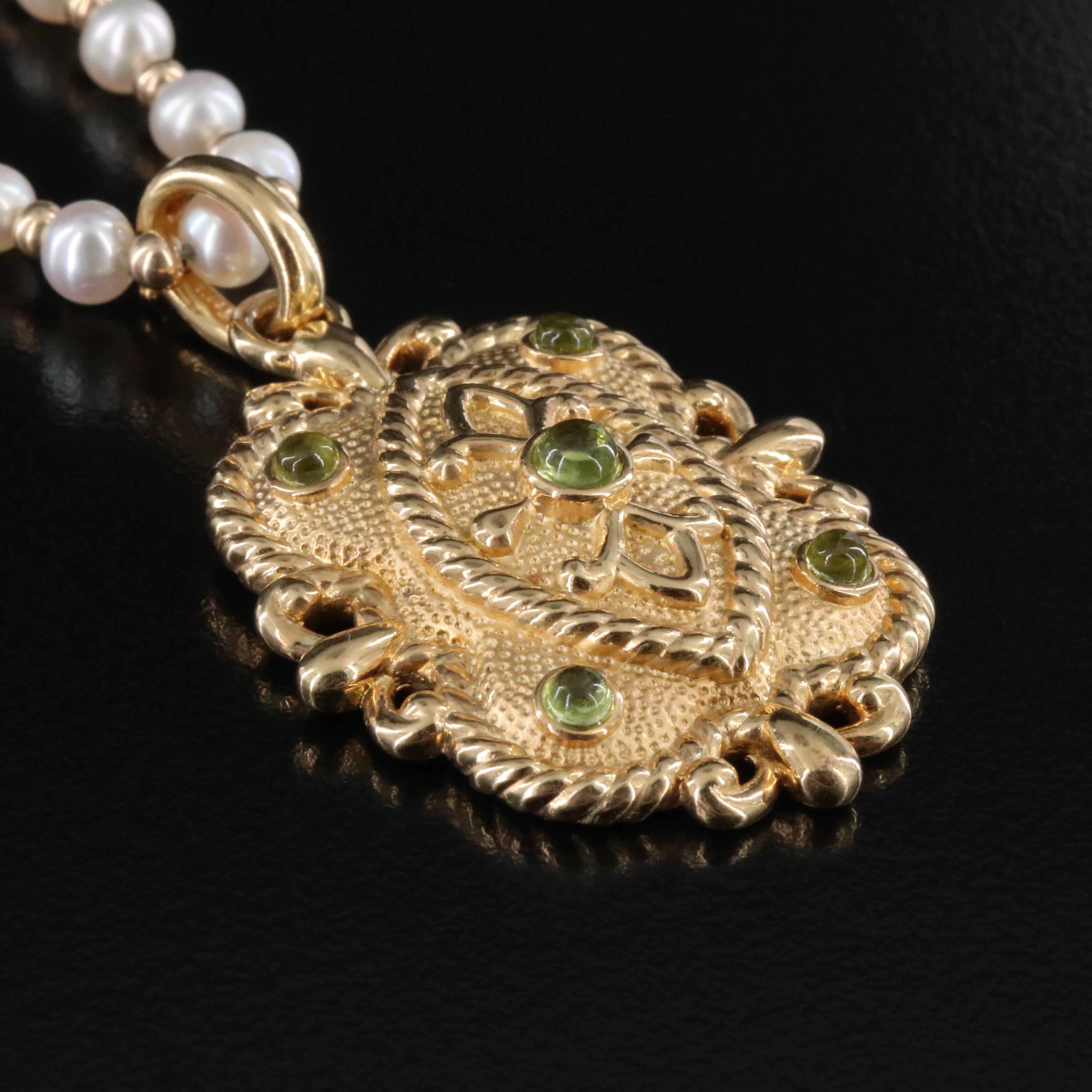 14K Peridot Enhancer Pendant on Pearl Station Chain
