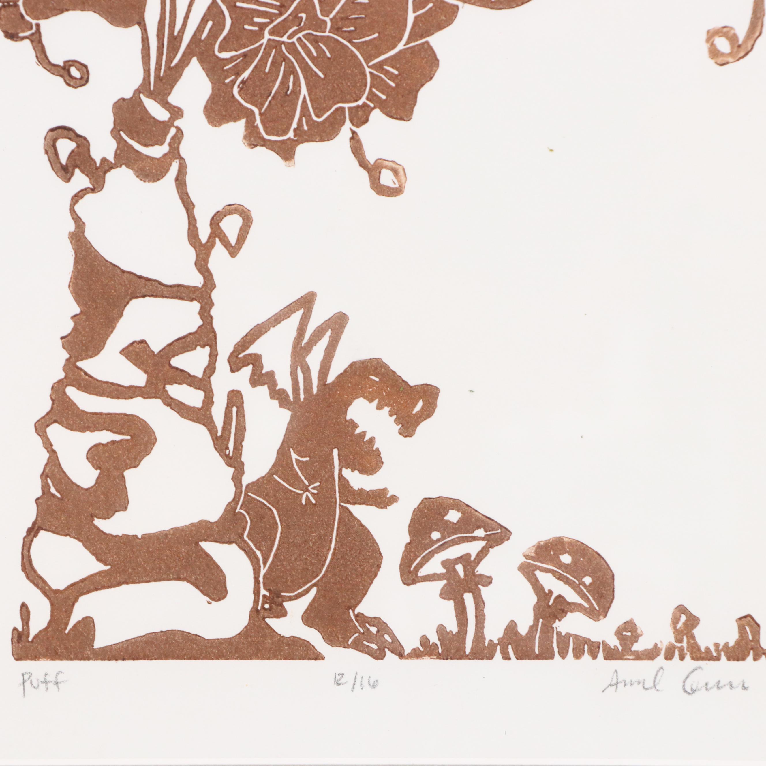 Amal Green Linocut "Puff," 21st Century