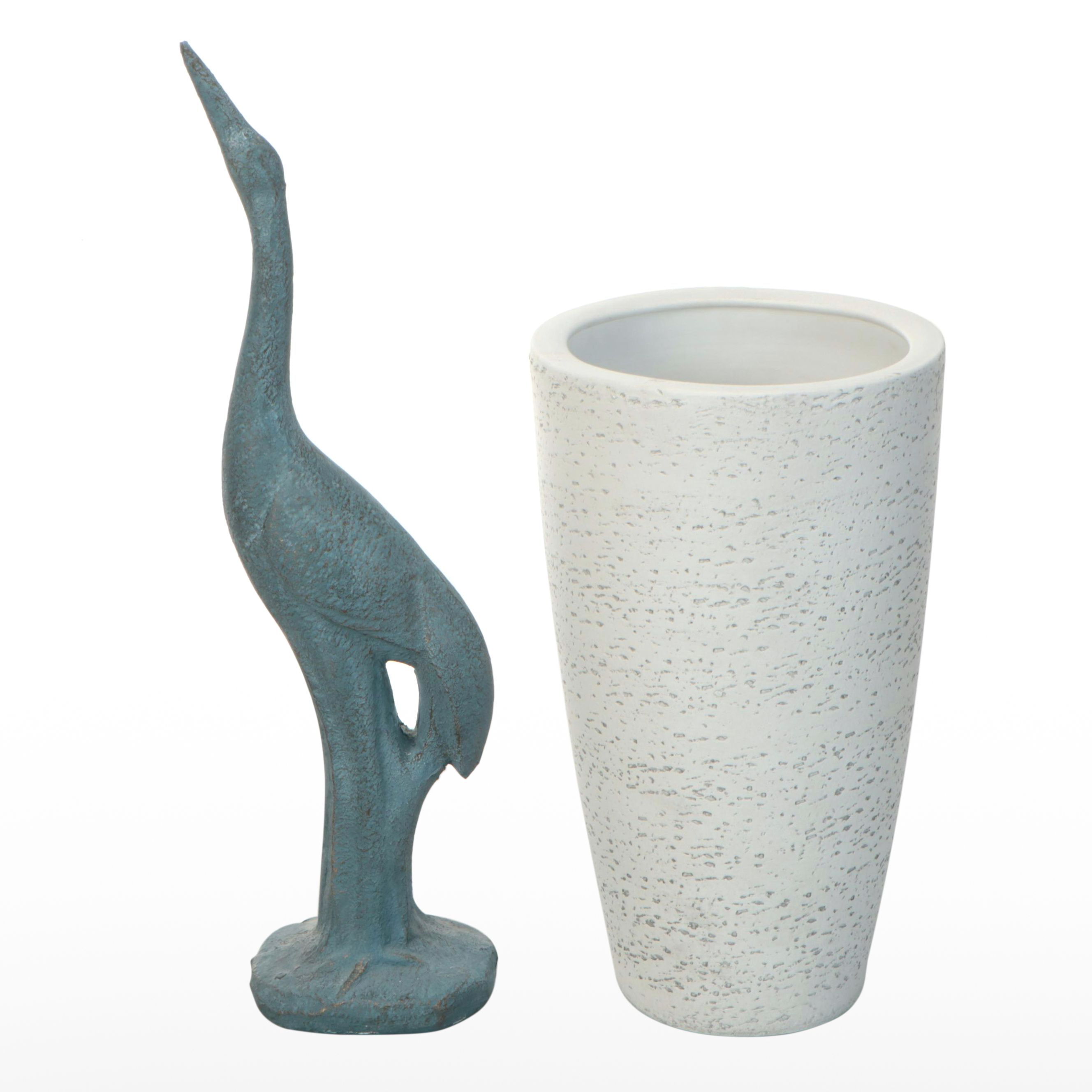 Chalkware Blue Crane Figure with Portuguese White Ceramic Vase