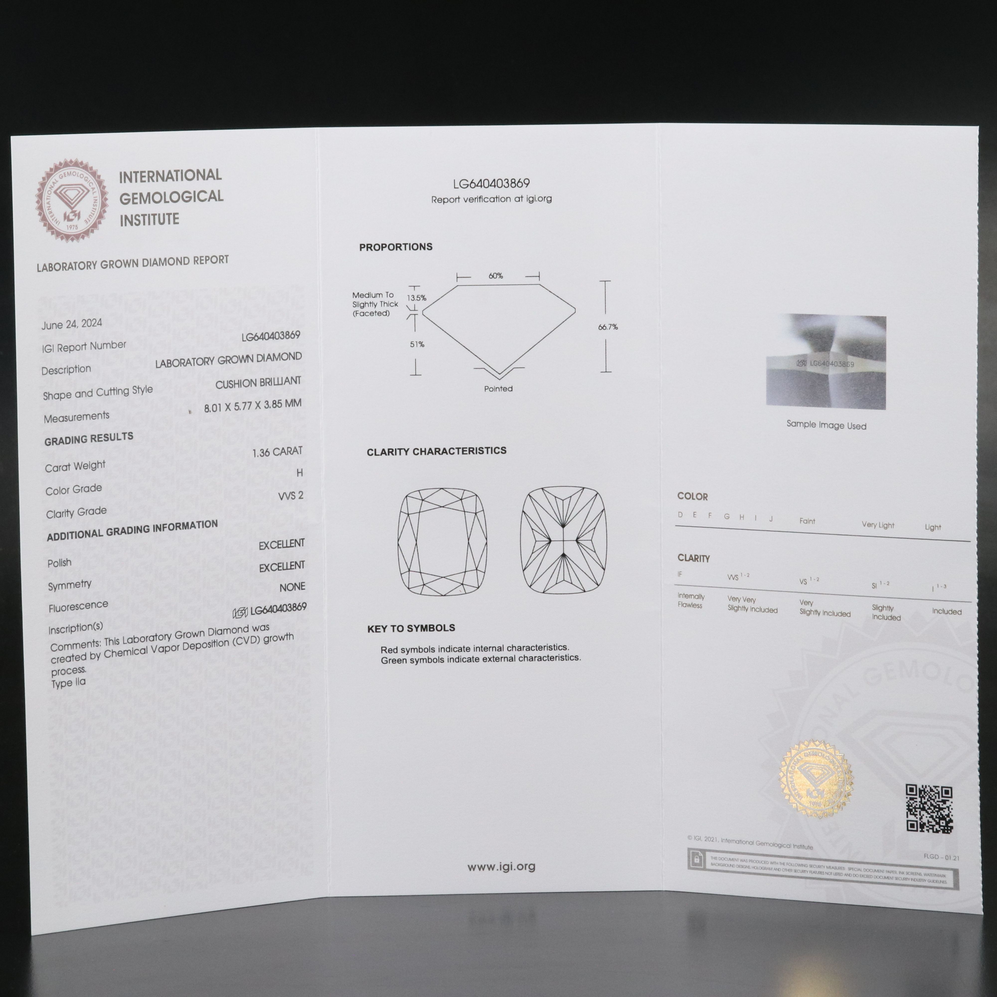 Loose 1.36 CT Lab Grown Diamond with IGI Report