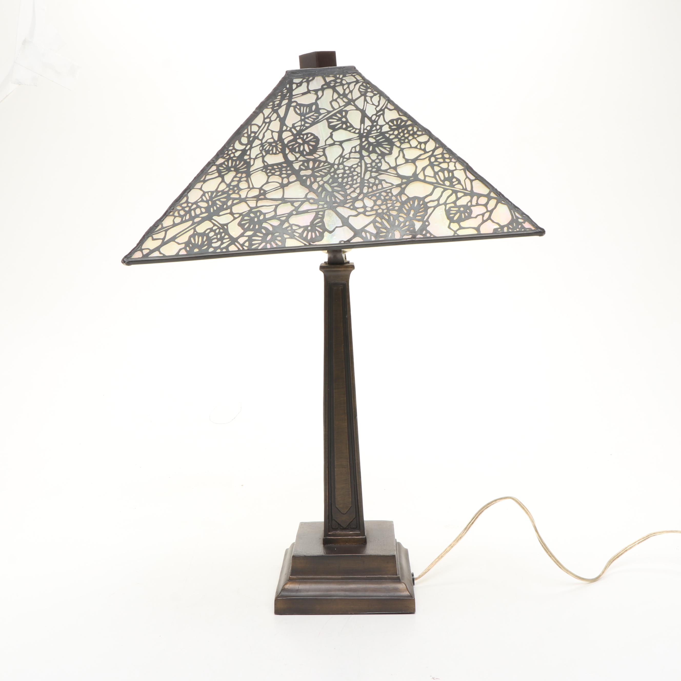 Dale Tiffany Mission Style Metal Lamp with Iridescent Slag Glass Shade, Overlay