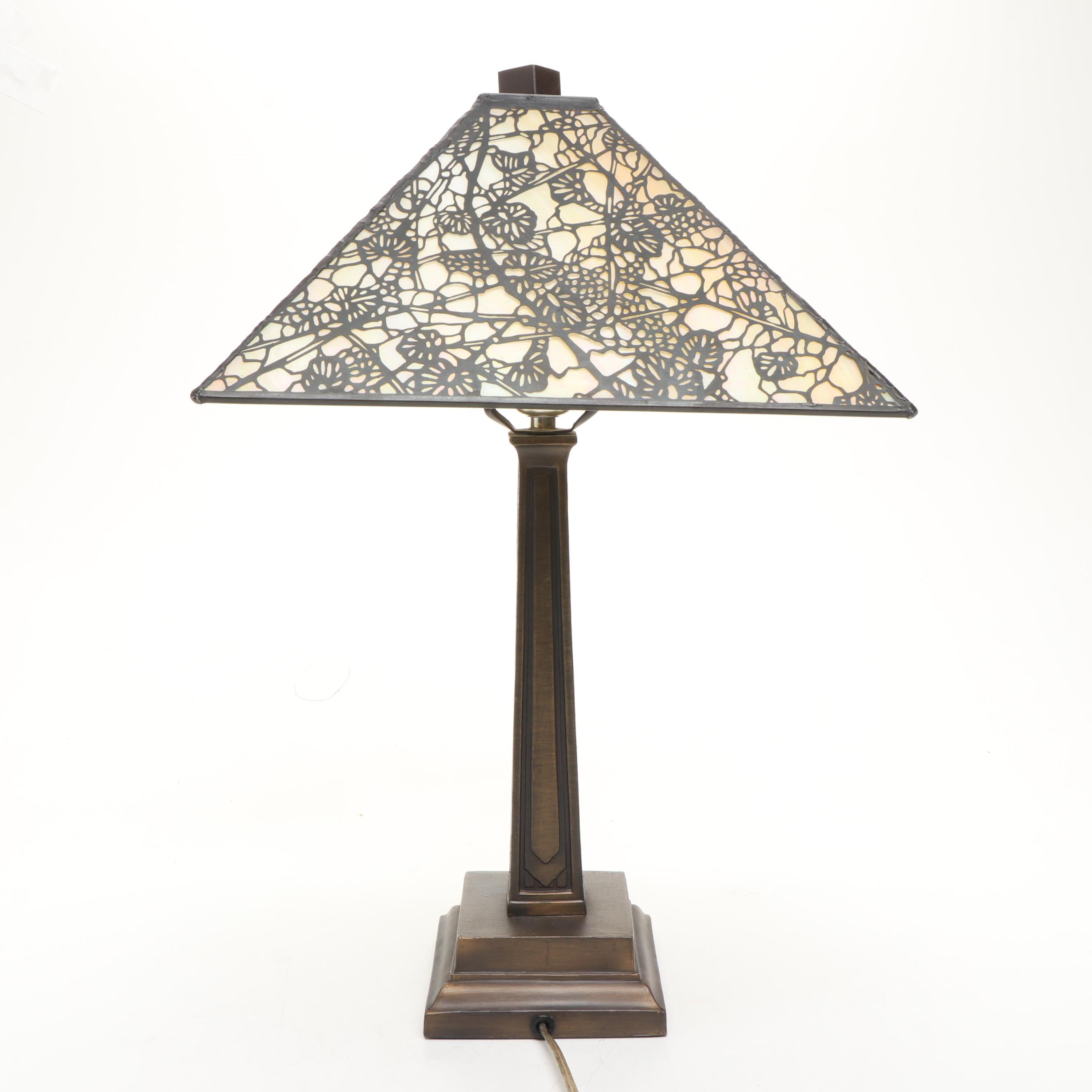 Dale Tiffany Mission Style Metal Lamp with Iridescent Slag Glass Shade, Overlay