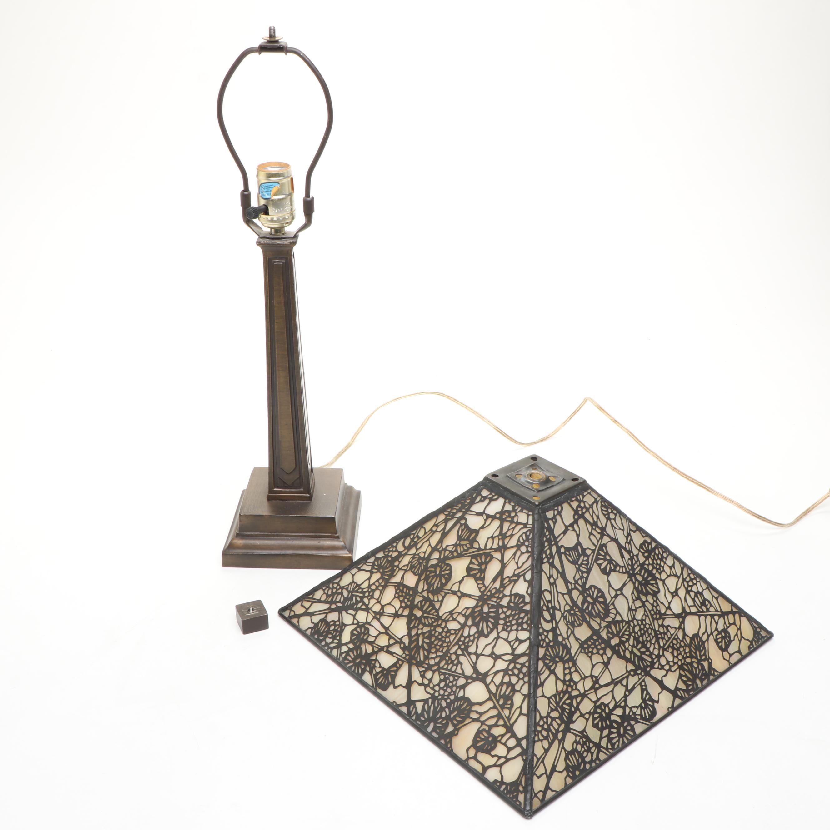 Dale Tiffany Mission Style Metal Lamp with Iridescent Slag Glass Shade, Overlay