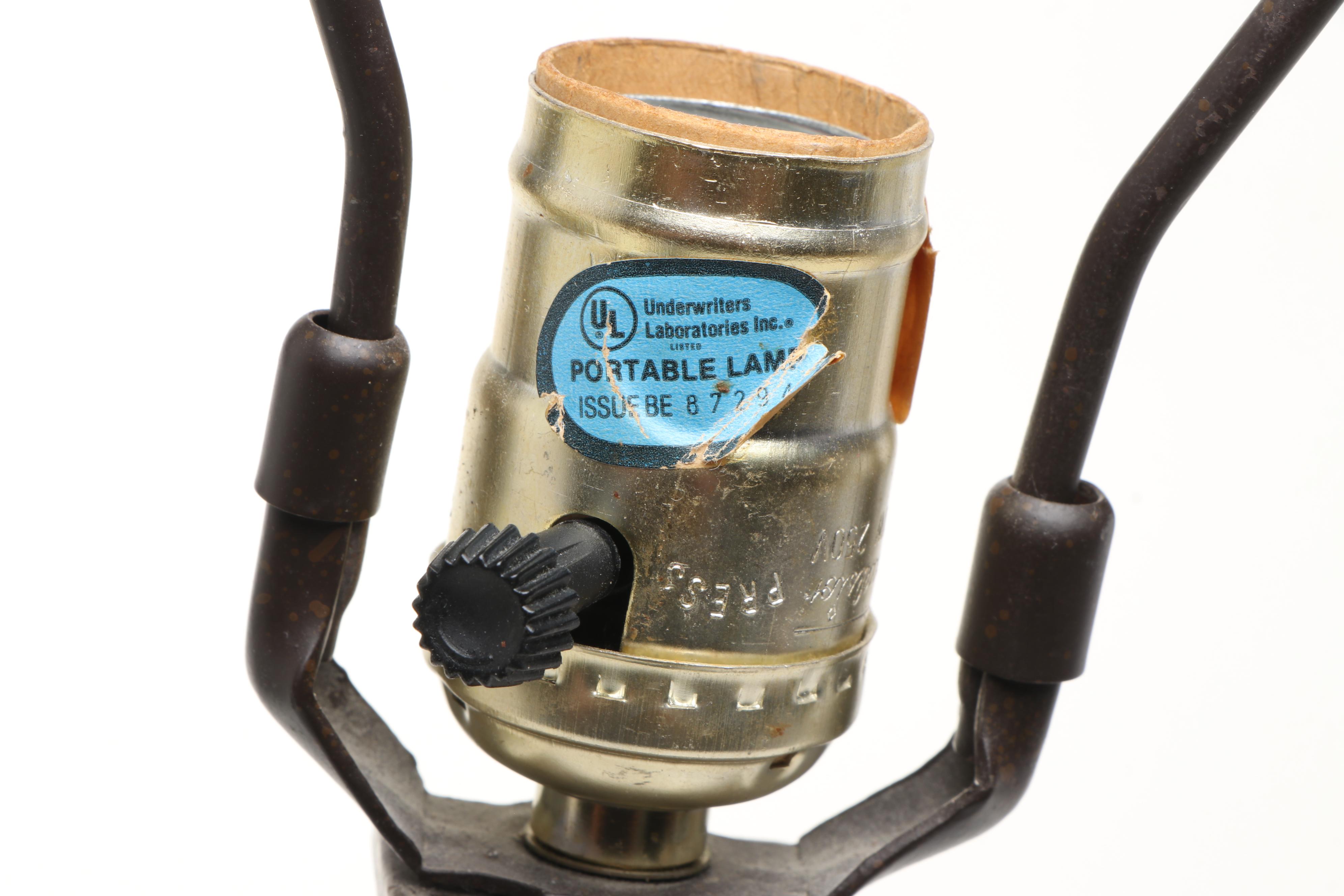 Dale Tiffany Mission Style Metal Lamp with Iridescent Slag Glass Shade, Overlay